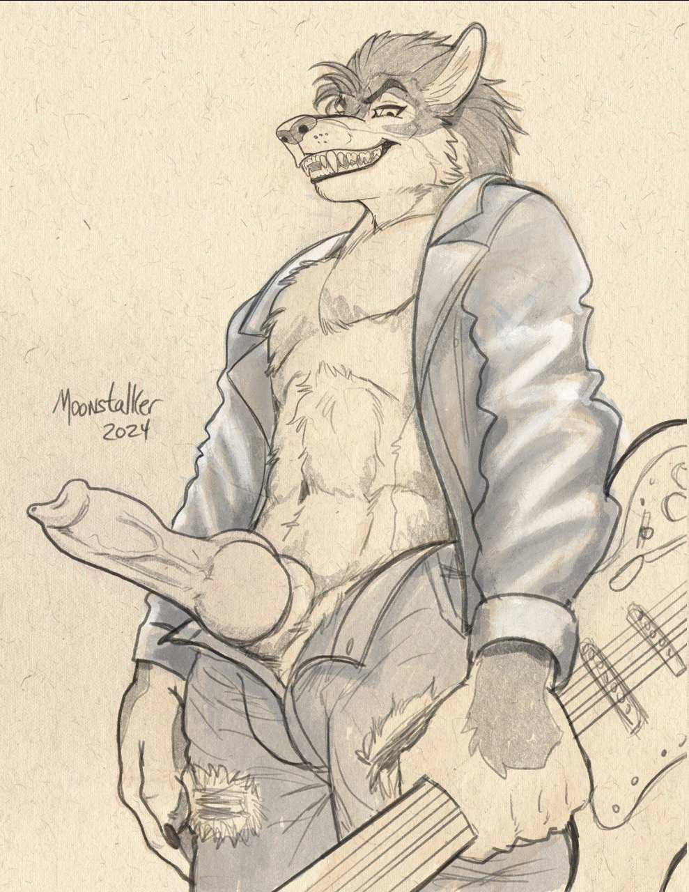 anthro bottomwear canid canine canis clothed clothing denim denim_bottomwear denim_clothing erection genitals guitar hi_res jacket jeans knot looking_at_viewer low-angle_view male mammal musical_instrument open_clothing open_jacket open_topwear pants penis plucked_string_instrument restricted_palette richard_foley sharp_teeth smile solo string_instrument teeth topwear torn_bottomwear torn_clothing torn_jeans torn_pants vein veiny_penis wolf