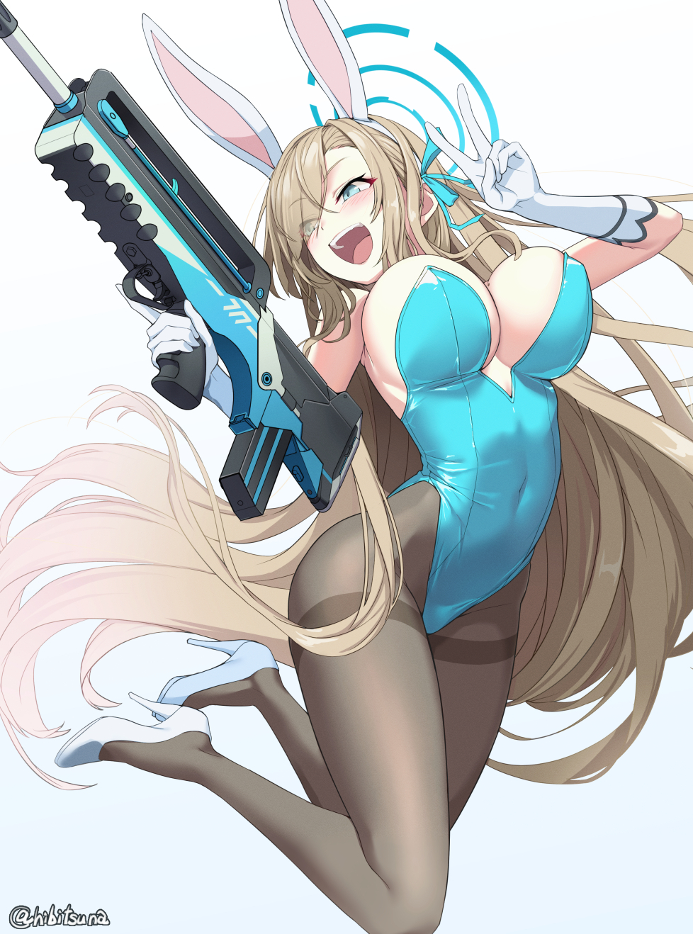 1girl :d animal_ears assault_rifle asuna_(blue_archive) asuna_(bunny)_(blue_archive) asymmetrical_footwear black_pantyhose blonde_hair blue_archive blue_eyes blue_footwear blue_halo blue_leotard blue_ribbon breasts bullpup covered_navel covered_nipples eyes_visible_through_hair fake_animal_ears famas floating_hair gloves gun hair_over_one_eye hair_ribbon halo hands_up hibi_tsuna high_heels highleg highleg_leotard highres holding holding_gun holding_weapon large_breasts leotard long_hair mismatched_footwear mole mole_on_breast official_alternate_costume pantyhose parted_bangs rabbit_ears ribbon rifle round_teeth sideboob smile solo teeth thighband_pantyhose trigger_discipline upper_body very_long_hair weapon white_gloves