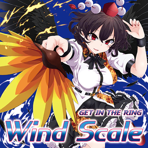 1girl :d album_cover black_bow black_bowtie black_skirt black_wings blue_background blush bow bowtie breasts circle_name cover cowboy_shot english_text feathered_wings foreshortening game_cg get_in_the_ring hair_between_eyes hand_fan hand_up hauchiwa holding holding_fan looking_at_viewer medium_breasts miniskirt nail_polish official_art open_mouth petticoat pointy_ears puffy_short_sleeves puffy_sleeves red_nails rihito_(usazukin) shameimaru_aya shirt short_sleeves simple_background skirt smile solo touhou touhou_cannonball white_shirt wings wristband