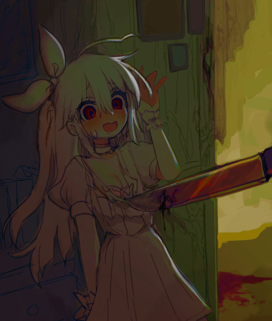 1girl ahoge alice_sawyer alice_sawyer_(artist) blood blood_on_weapon blush bow bra breasts choker cleavage dark dress hair_between_eyes hair_bow horror_(theme) indie_virtual_youtuber long_hair looking_down machete one_side_up open_mouth pink_bra red_eyes scared small_breasts sweatdrop underwear virtual_youtuber weapon white_bow white_choker white_hair