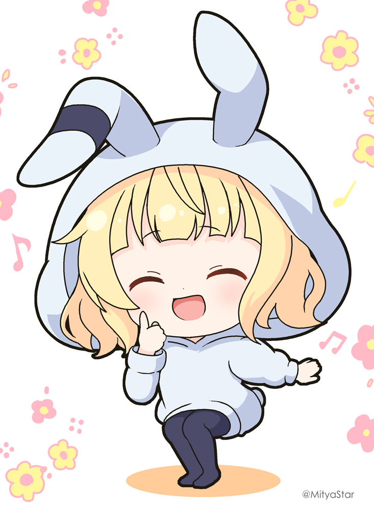 1girl :d ^_^ animal_ears animal_hood beamed_eighth_notes black_pantyhose blonde_hair chibi closed_eyes colored_shadow commentary_request eighth_note facing_viewer fake_animal_ears floral_background full_body gochuumon_wa_usagi_desu_ka? grey_hoodie hood hood_up hoodie kirima_syaro mitya musical_note no_shoes pantyhose rabbit_ears rabbit_hood shadow simple_background smile solo squatting twitter_username white_background