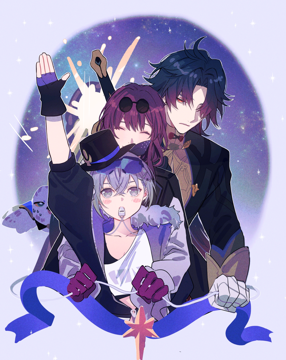 1girl 2boys ^_^ arm_up bandaged_hand bandages black_gloves black_jacket black_sleeves blade_(honkai:_star_rail) blush chinese_clothes closed_eyes collarbone eyewear_on_head fingerless_gloves fur_trim gloves grey_eyes grey_hair hair_over_one_eye hat height_difference highres honkai:_star_rail honkai_(series) jacket kafka_(honkai:_star_rail) long_sleeves multiple_boys owlbert_(honkai:_star_rail) parted_bangs purple_gloves purple_hair round_eyewear shirt silver_wolf_(honkai:_star_rail) top_hat whistle whistling white_shirt white_sleeves zassyoku_dd