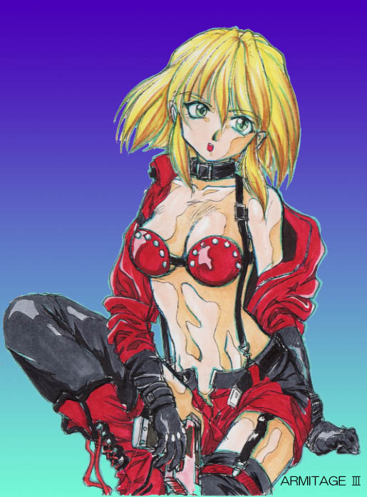 armitage_iii blonde_hair boots breasts cleavage cyborg gloves green_eyes gun naomi_armitage weapon