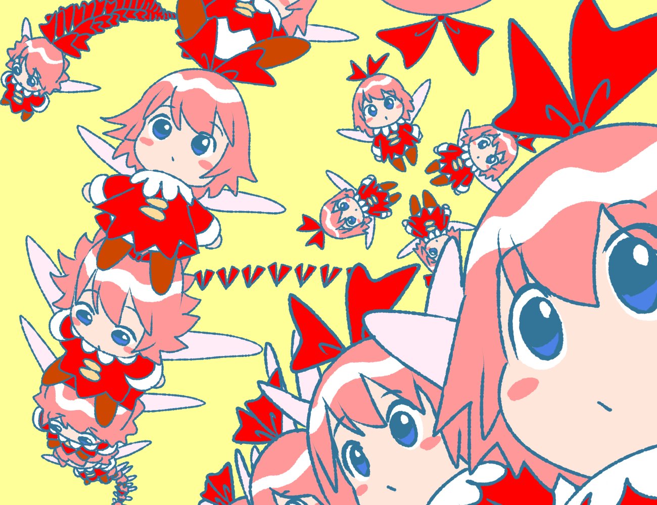 6+girls blue_eyes blush_stickers dress fairy fairy_wings hair_ribbon kirby_(series) kirby_64 multiple_girls multiple_persona pink_hair red_dress red_ribbon ribbon ribbon_(kirby) too_many wings yellow_background yutakunatu