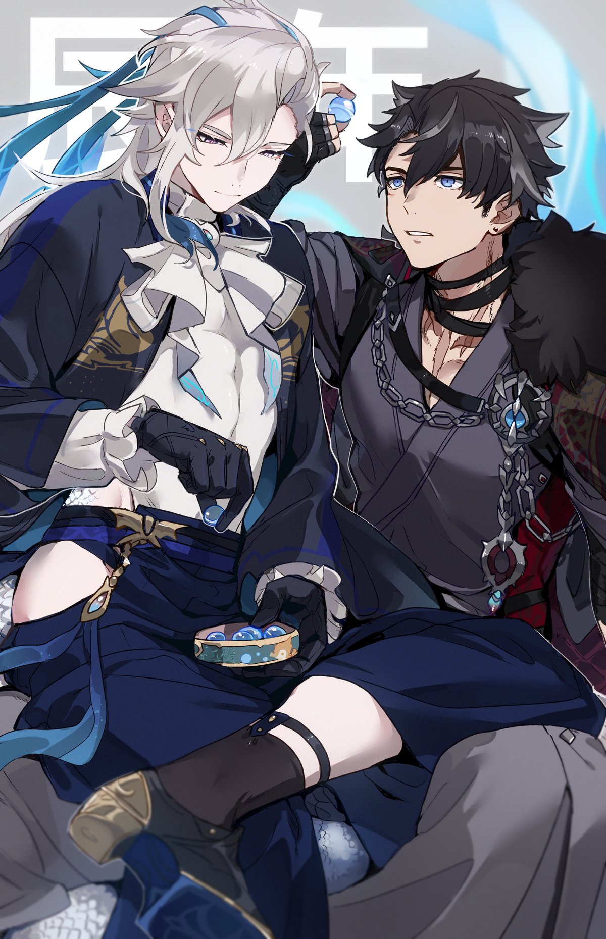 2boys ascot asymmetrical_bangs bandaged_neck bandages black_footwear black_gloves black_hair black_kimono black_socks blue_eyeliner blue_eyes blue_hair blue_pants blue_ribbon candy chain closed_mouth commentary_request crossed_legs earrings eyeliner fingerless_gloves food frilled_sleeves frills fur_trim genshin_impact gloves gold_trim grey_background grey_hair grey_kimono grey_pants hair_between_eyes hakama hakama_pants hand_up highres hip_vent holding holding_food japanese_clothes jewelry kimono long_hair long_sleeves looking_down makeup male_focus multicolored_hair multiple_boys neuvillette_(genshin_impact) open_clothes open_kimono pants parted_bangs parted_lips purple_eyes ribbon scales scar scar_on_cheek scar_on_face scar_on_neck shirt shoes short_hair simple_background sitting smile socks streaked_hair stud_earrings sumomoi_(dvcat) white_ascot white_hair white_shirt wriothesley_(genshin_impact)