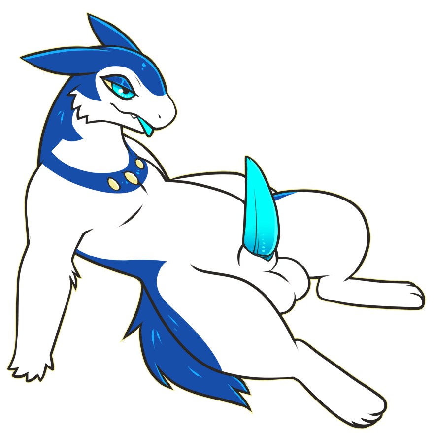 4_fingers 4_toes alpha_channel animal_genitalia anthro balls blue_body blue_eyes blue_fur blue_tongue digitigrade erection feet fingers flat_colors floppsies fur genitals highlights_(coloring) hisuian_form hisuian_typhlosion lidded_eyes lying male mammal multicolored_body mustelid musteline nintendo on_back one_tooth paws penis pokemon pokemon_(species) presenting presenting_penis regional_form_(pokemon) relaxed_expression sheath simple_background snout solo solo_focus spread_legs spreading toes tongue tongue_out transparent_background two_tone_body white_body white_fur yellow_sclera