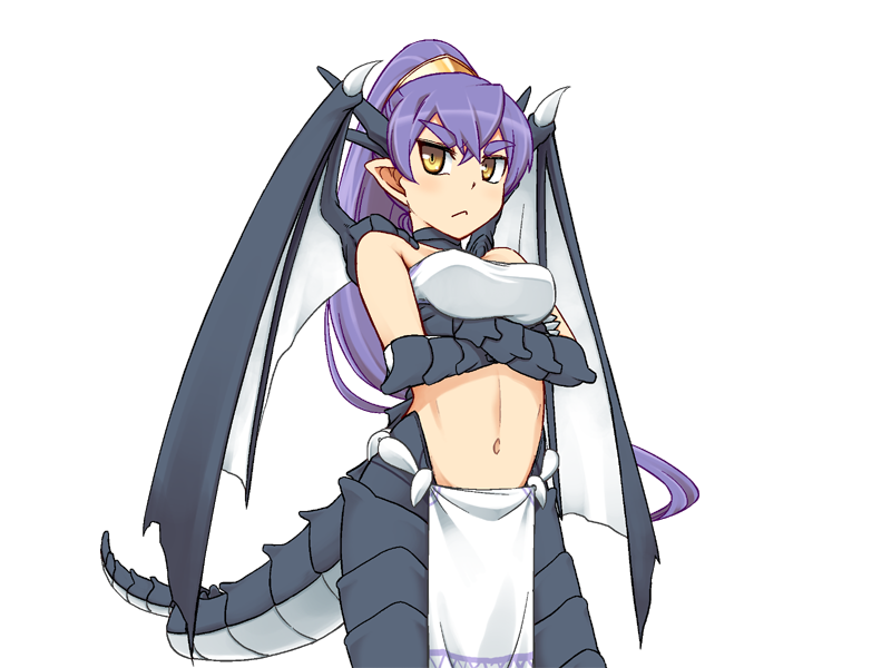 1girl :&lt; :d aged_up arms_under_breasts bandeau blush bmp-to-png_conversion breasts claws closed_mouth cowboy_shot crossed_arms crossed_bangs dragon_claw dragon_tail dragon_wings game_cg hair_between_eyes horns jingai_modoki large_breasts light_blush long_hair looking_at_viewer mon-musu_quest! monster_girl navel non-web_source papi_(mon-musu_quest!) pointy_ears ponytail purple_hair scales simple_background slit_pupils smile solo spoilers stomach tail thick_eyebrows transparent_background v-shaped_eyebrows very_long_hair white_bandeau white_loincloth wings yellow_eyes