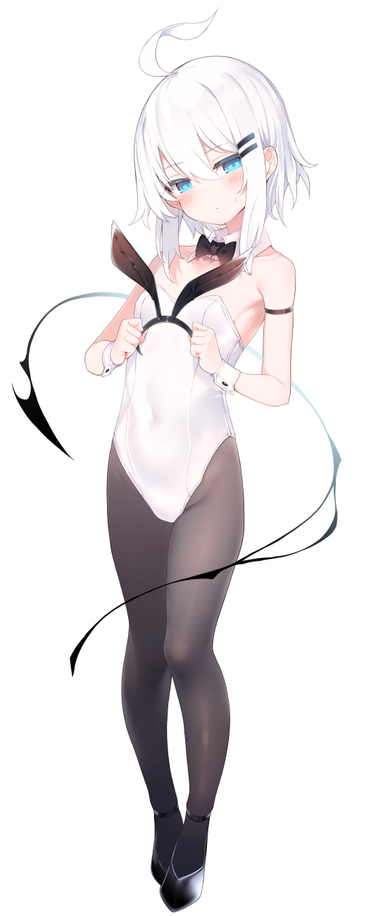 1girl ahoge animal_ears bare_shoulders black_pantyhose blue_eyes blush collarbone commentary_request covered_navel fake_animal_ears full_body highres leotard long_hair looking_at_viewer original otokuyou pantyhose rabbit_ears revision ringo-chan_(otokuyou) short_hair simple_background solo standing white_background white_hair white_leotard
