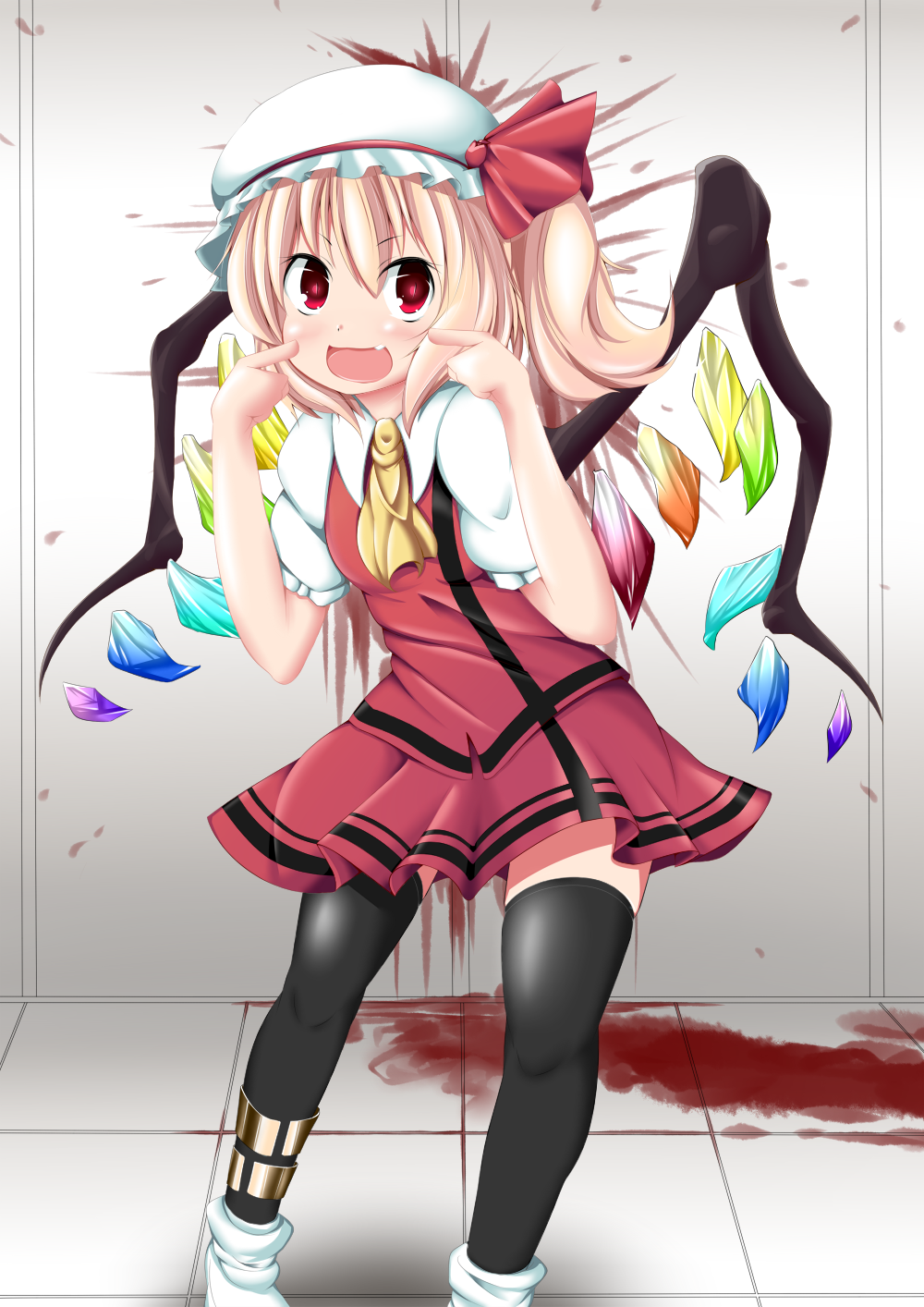 1girl adapted_costume ascot black_thighhighs blonde_hair breasts collared_shirt crystal feet_out_of_frame flandre_scarlet frilled_sleeves frills hair_between_eyes hat highres indoors leaning_forward long_hair mob_cap multicolored_wings one_side_up open_mouth pointing pointing_at_self puffy_short_sleeves puffy_sleeves rainbow_order red_eyes red_skirt red_vest sei0108 shirt short_sleeves skirt skirt_set small_breasts solo thighhighs touhou vest white_footwear white_hat white_shirt wings yellow_ascot