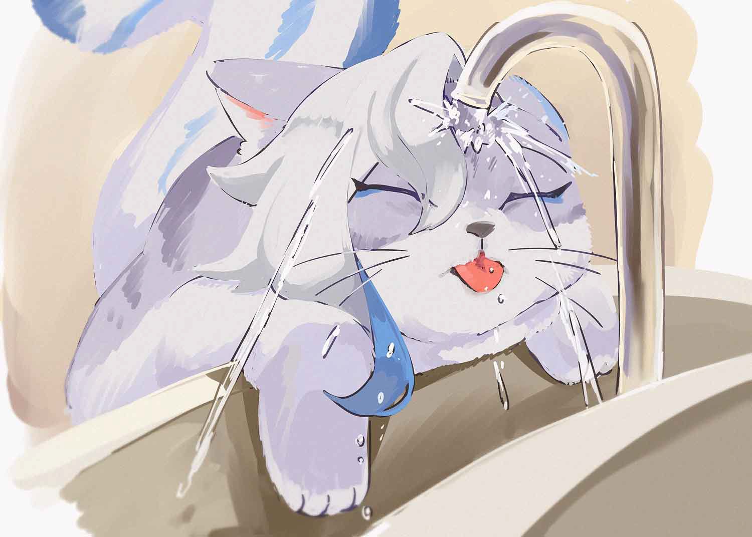 animalization blue_eyeliner blue_hair cat closed_eyes eyeliner faucet genshin_impact makeup multicolored_hair neuvillette_(genshin_impact) no_humans sink solo streaked_hair sumomoi_(dvcat) tongue tongue_out water water_drop white_hair