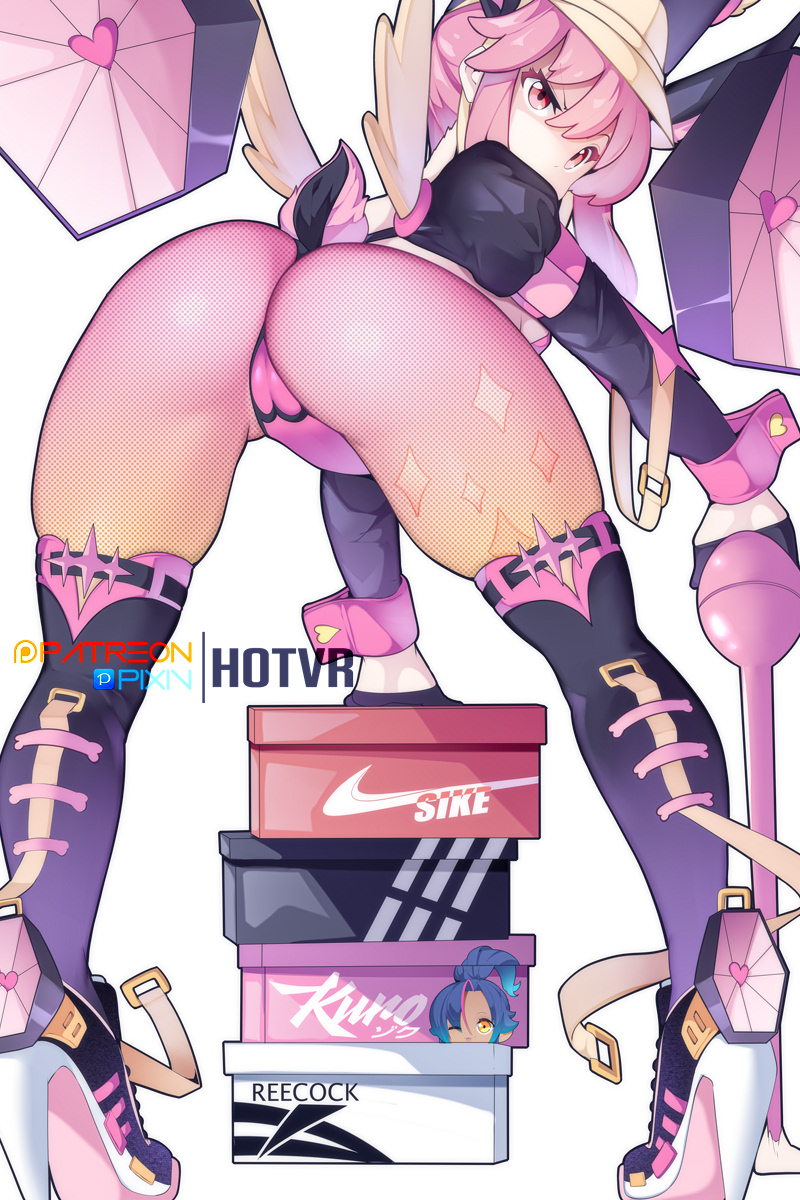 1girl adapted_costume arm_support artist_name ass boots brand_name_imitation breasts cameltoe commentary conductor_baton english_commentary fishnet_pantyhose fishnets from_behind hair_between_eyes hat heart high_heels highres holster hot_vr jakuzure_nonon jakuzure_nonon_(symphony_regalia) kill_la_kill leotard looking_at_viewer looking_back medium_breasts nike_(company) open_mouth pantyhose patreon_logo pink_eyes pink_hair pink_wrist_cuffs pixiv_logo reebok revealing_clothes shako_cap shoe_box shoulder_holster sideboob simple_background skull_print solo speaker tail thigh_boots thong_leotard twisted_torso wide_hips wings wrist_cuffs