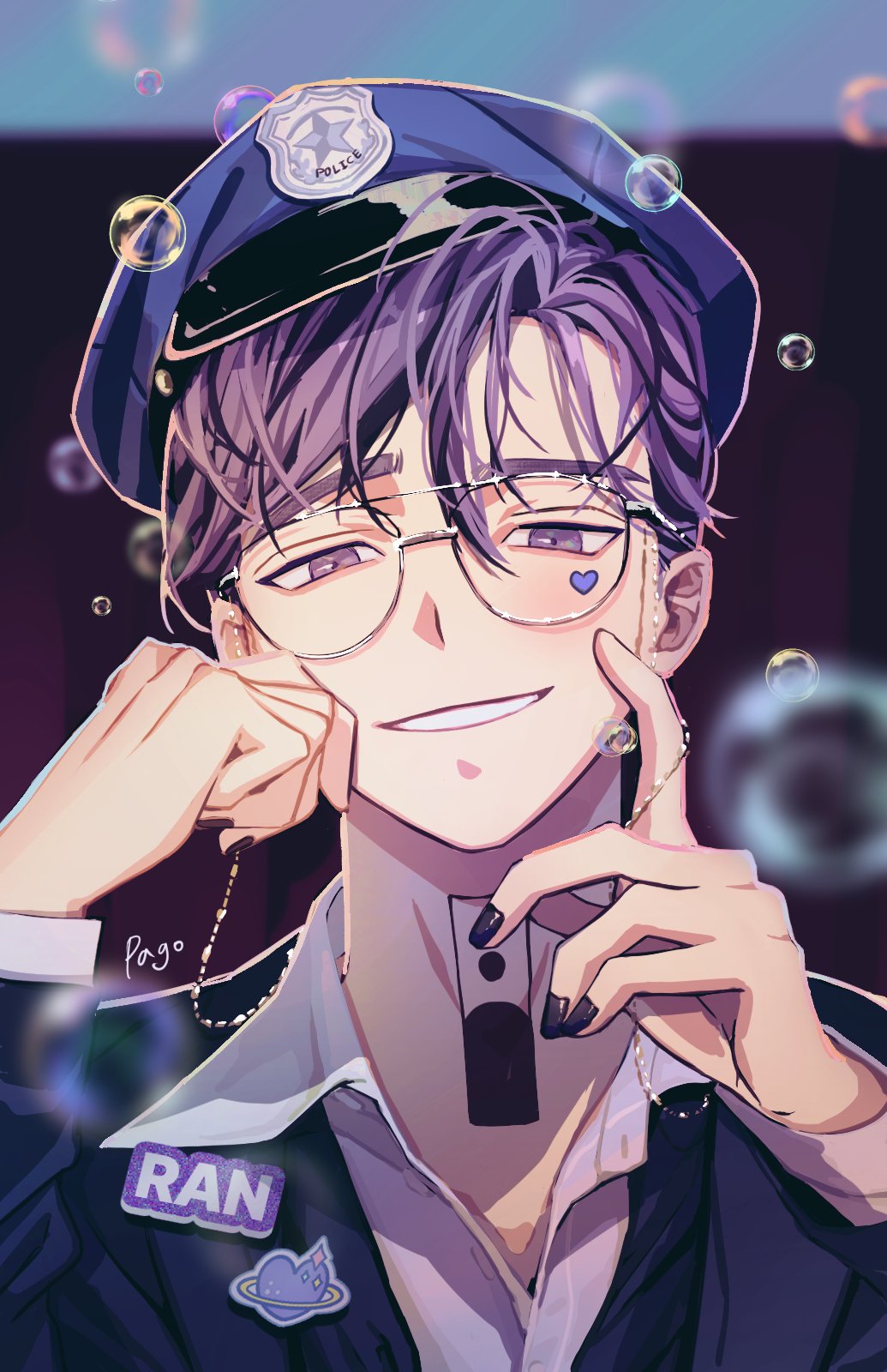 1boy black_nails bubble glasses haitani_ran hand_up hat highres idol looking_at_viewer male_focus multicolored_hair name_tag neck_tattoo pago0024 police police_hat police_uniform purple_eyes purple_hair shirt smirk sticker_on_face tattoo tokyo_revengers two-tone_hair uniform white_shirt