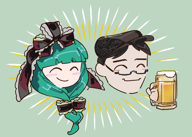 1boy 1girl ^_^ alcohol beer beer_mug black_hair blunt_bangs blush_stickers chamaruk closed_eyes closed_mouth commentary cup flat_cap front_ponytail glasses green_background green_hair hair_ribbon hat head_only holding holding_cup kagiyama_hina long_hair mug real_life ribbon semi-rimless_eyewear short_hair smile touhou under-rim_eyewear very_short_hair zun zun_hat