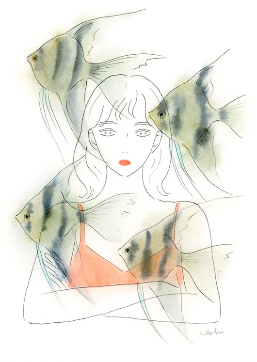 1girl camisole fish_request medium_hair original parted_lips red_camisole signature solo transparent_fish upper_body ushikubo_masami white_background white_hair