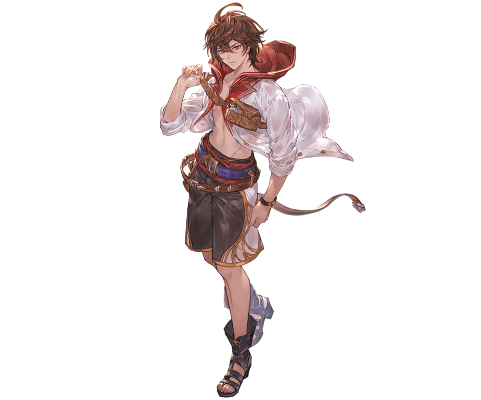 1boy ahoge arm_up bag belt bishounen bracelet brown_bag brown_hair expressionless floating_clothes full_body gladiator_sandals granblue_fantasy hair_between_eyes hip_bones hood hood_down jacket jewelry light_frown male_swimwear midriff minaba_hideo official_alternate_costume official_art open_clothes open_jacket red_eyes sandalphon_(granblue_fantasy) sandals sleeves_rolled_up standing swim_trunks tachi-e transparent_background