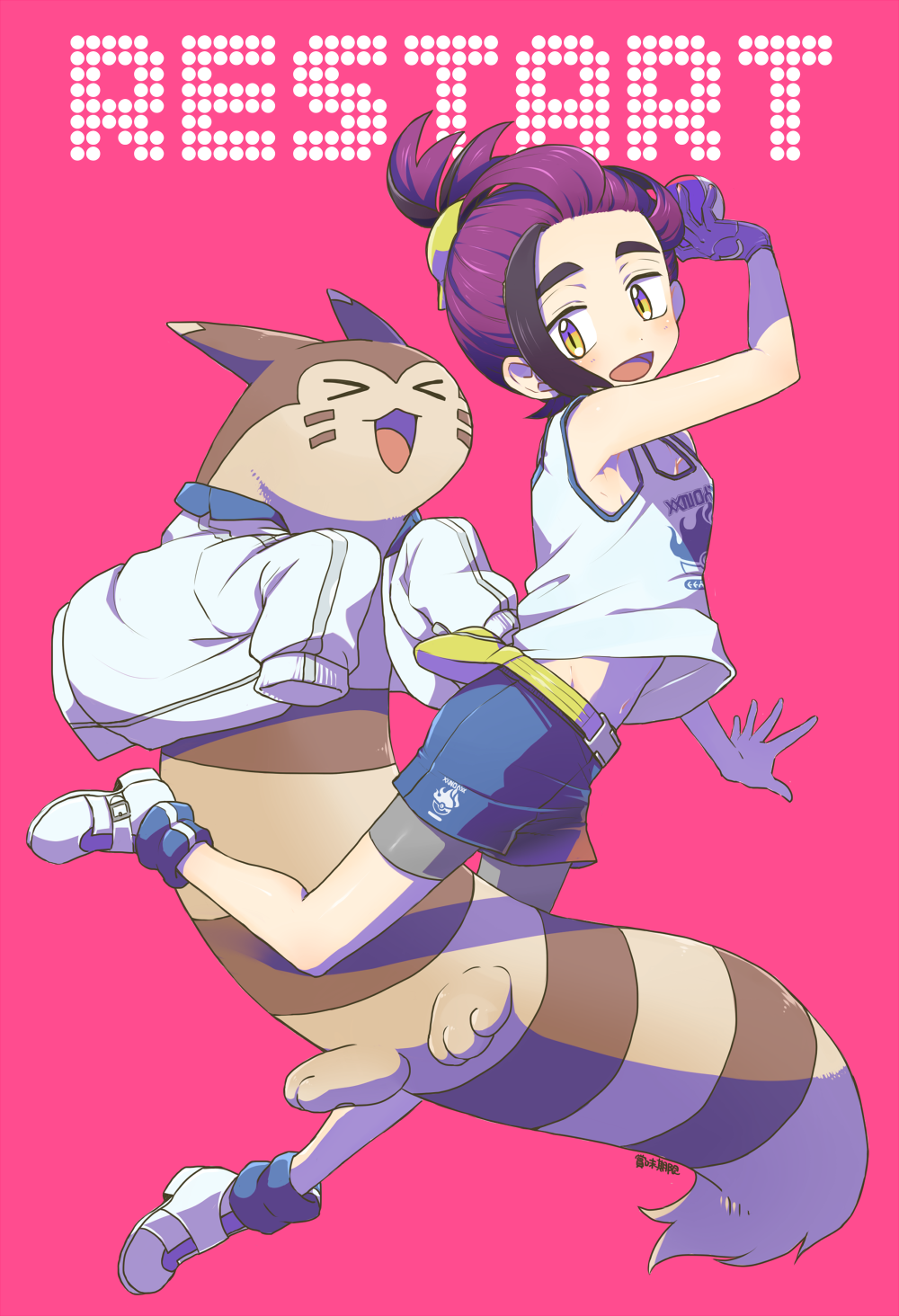 &gt;_&lt; 1boy 24x24 black_hair blue_shorts blush clothed_pokemon commentary_request full_body furret gloves highres holding holding_poke_ball jacket kieran_(pokemon) male_focus open_mouth pink_background poke_ball pokemon pokemon_(creature) pokemon_sv purple_hair shoes shorts simple_background single_glove sneakers tank_top white_jacket white_tank_top yellow_eyes