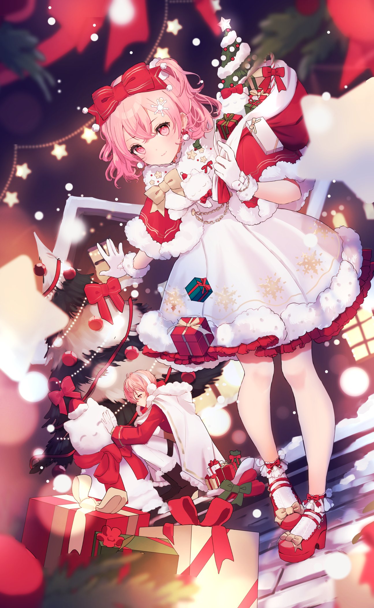 beryl_(blueberylpie) bow christmas christmas_ornaments christmas_tree gift hair_bow highres indie_utaite nqrse official_art pink_eyes pink_hair second-party_source smile snowing snowman