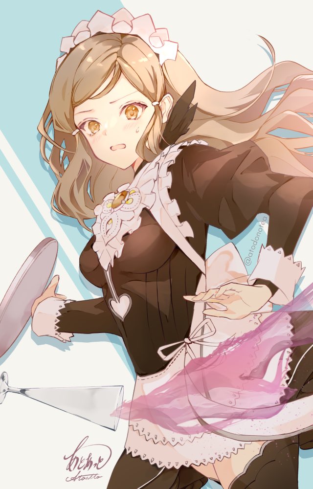 1girl alternate_costume apron atoatto brown_eyes brown_hair cosplay felicia_(fire_emblem) felicia_(fire_emblem)_(cosplay) fire_emblem fire_emblem_fates hana_(fire_emblem) long_hair maid maid_apron maid_headdress open_mouth sidelocks solo swept_bangs