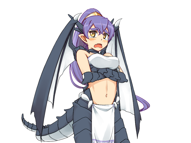 1girl :d aged_up arms_under_breasts bandeau blush bmp-to-png_conversion breasts claws cowboy_shot crossed_arms crossed_bangs dragon_claw dragon_tail dragon_wings fangs game_cg hair_between_eyes horns jingai_modoki large_breasts long_hair looking_at_viewer mon-musu_quest! monster_girl navel non-web_source open_mouth papi_(mon-musu_quest!) pointy_ears ponytail purple_hair scales simple_background slit_pupils smile solo spoilers stomach tail tearing_up tears thick_eyebrows tongue tongue_out transparent_background very_long_hair white_bandeau white_loincloth wings yellow_eyes