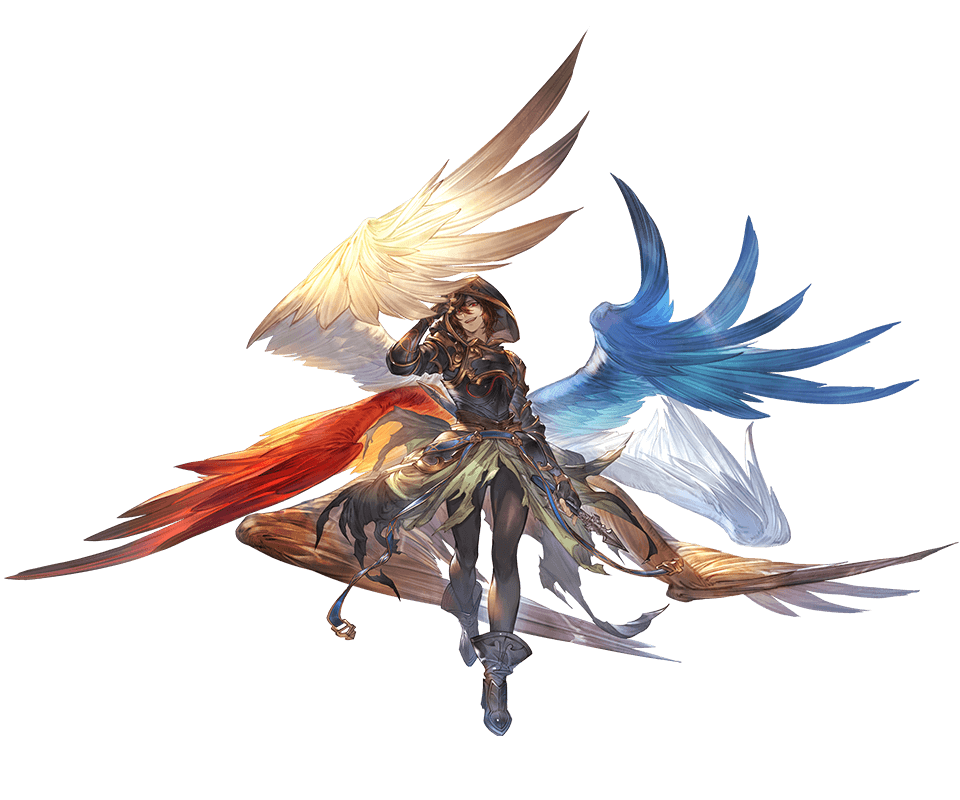 1boy ahoge arm_up armor belt bishounen black_pants blue_wings boots breastplate brown_hair brown_wings cape crazy_smile evil_grin evil_smile full_body granblue_fantasy green_cape grin hair_between_eyes holding holding_weapon hood hood_up minaba_hideo multiple_wings official_art pants red_eyes red_wings sandalphon_(granblue_fantasy) smile solo_focus tachi-e teeth upper_teeth_only weapon white_wings wings yandere