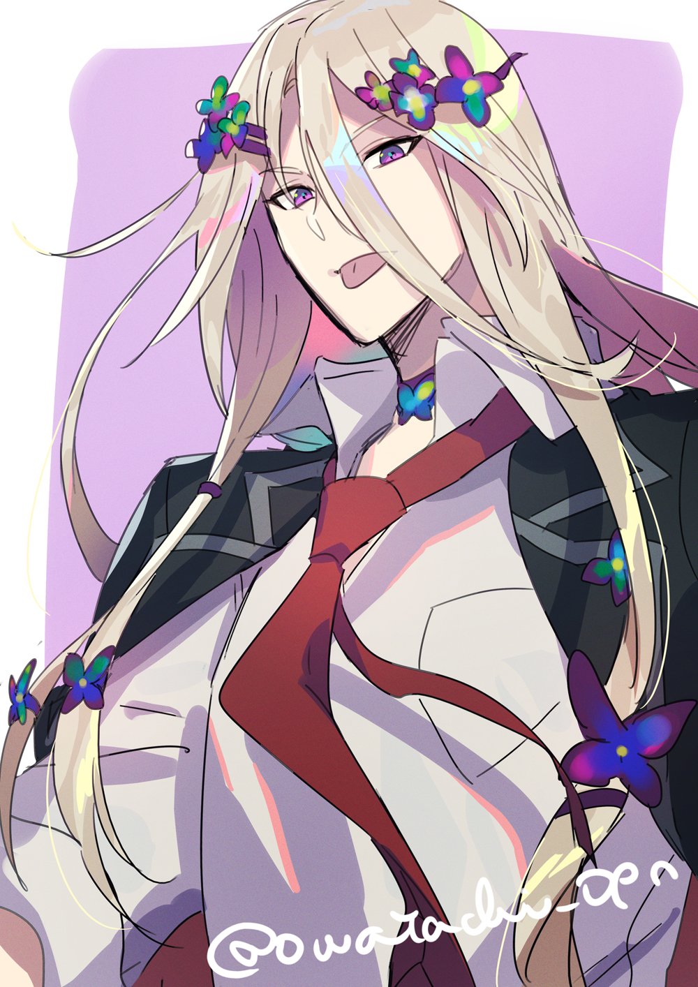 1boy :p artist_name black_jacket blonde_hair border breast_pocket choker closed_mouth collared_shirt fate/grand_order fate_(series) flower flower_choker hair_between_eyes hair_flower hair_ornament hairclip highres jacket jacket_on_shoulders kiritachi long_hair long_sleeves looking_at_viewer male_focus necktie official_alternate_costume outside_border pocket purple_background purple_choker purple_eyes purple_flower school_uniform shirt simple_background solo tongue tongue_out twitter_username very_long_hair white_border white_shirt wing_collar wolfgang_amadeus_mozart_(fate)