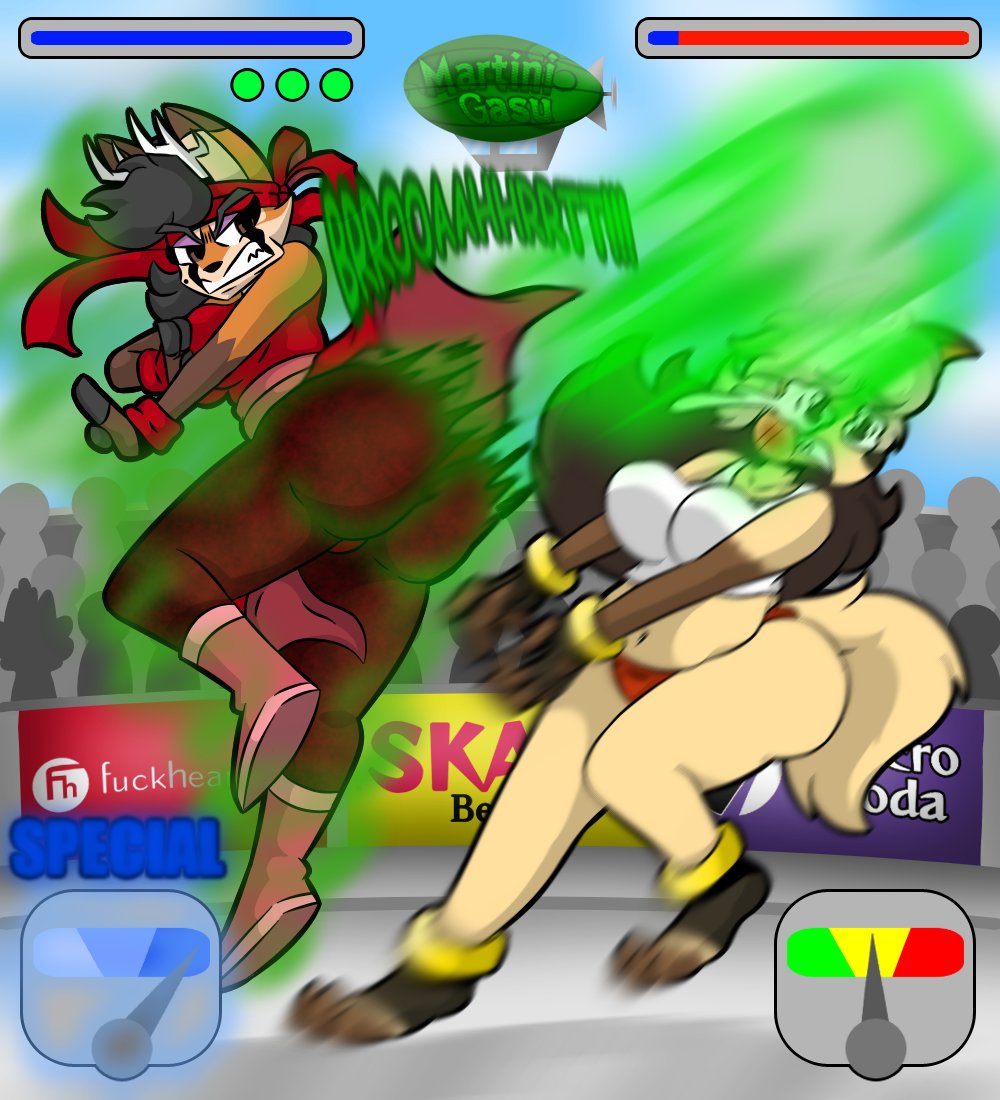 2021 accessory advertisement alpha_channel angry anthro antlers artist_logo artist_name battle belly big_butt bodily_fluids bottomwear breasts butt canid canine canis clenched_teeth clothing deer dripdry duo english_text eyeshadow fart fart_cloud fart_fetish farting_on_another female female/female fight fighting_pose gameplay_mechanics gui hair headband health_bar horn jackal logo lotus_lafawn makeup mammal martini_gasu navel onomatopoeia pose simple_background slightly_chubby slightly_chubby_female sound_effects tail tears teeth text topwear transparent_background