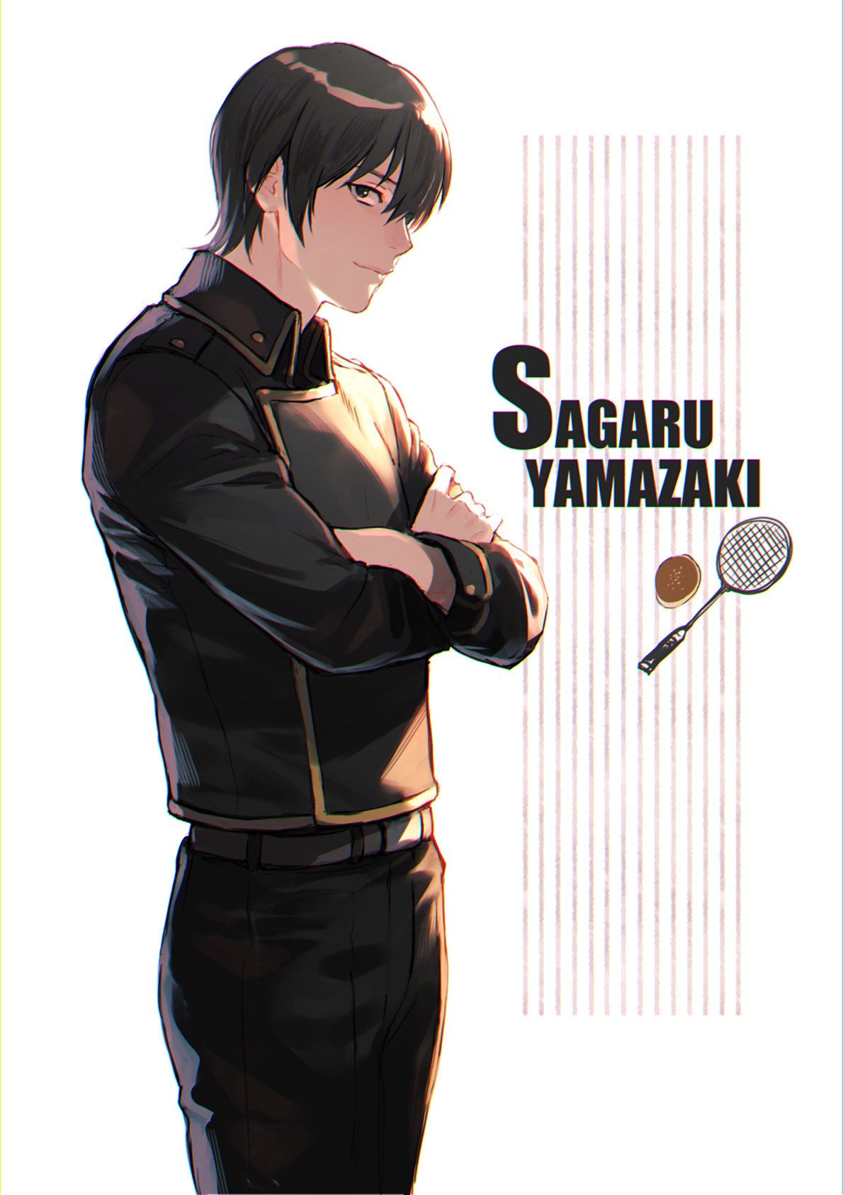 1boy belt black_hair black_jacket black_pants character_name closed_mouth cma_cmakuma cowboy_shot crossed_arms gintama gold_trim hair_between_eyes highres jacket light_smile long_sleeves looking_at_viewer male_focus pants racket short_hair solo tennis_racket white_background yamazaki_sagaru