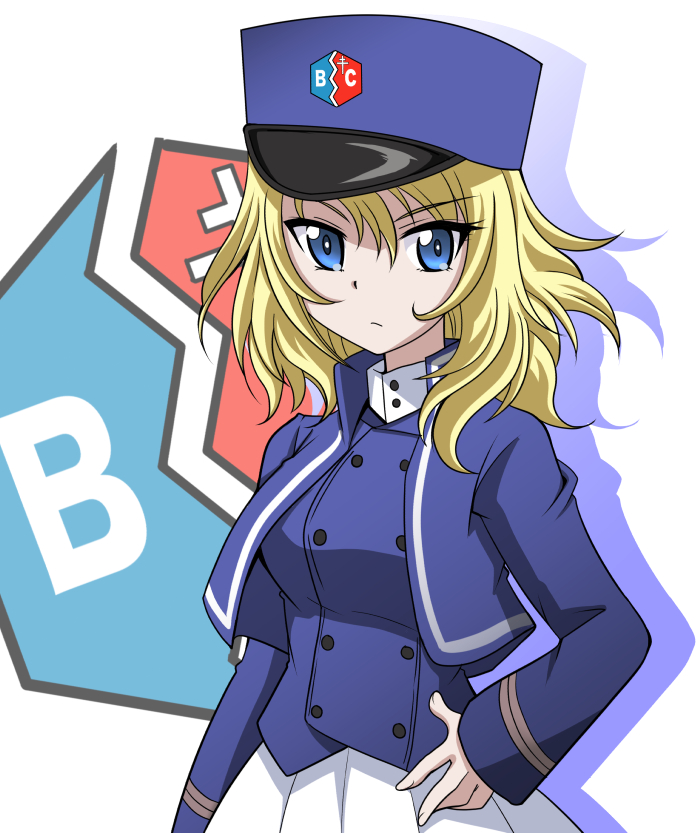 1girl bc_freedom_(emblem) bc_freedom_military_uniform blonde_hair blue_eyes blue_hat blue_jacket blue_vest closed_mouth commentary_request dress_shirt emblem frown girls_und_panzer hand_on_own_hip hanzou hat high_collar jacket kepi long_sleeves looking_at_viewer medium_hair messy_hair military_hat military_uniform oshida_(girls_und_panzer) partial_commentary pleated_skirt shadow shirt skirt solo standing uniform vest white_background white_shirt white_skirt