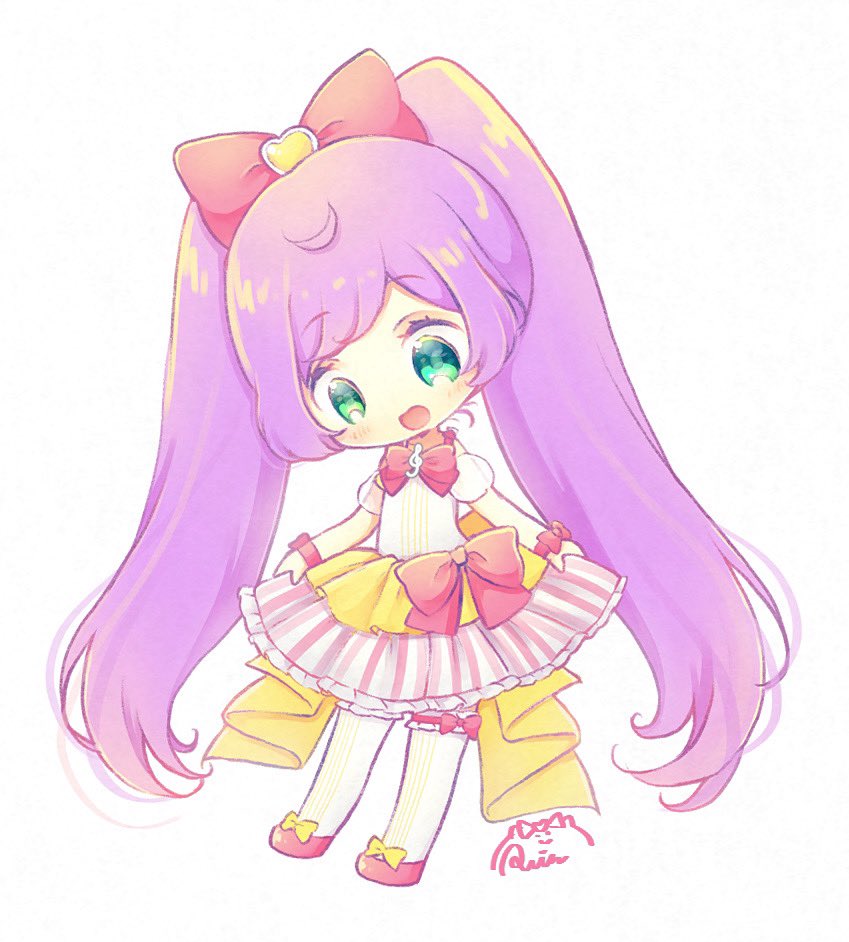 1girl :d ahoge bow chibi detached_sleeves dress full_body green_eyes hair_bow idol_clothes long_hair looking_down manaka_laala multicolored_clothes multicolored_dress open_mouth pink_bow pink_footwear pretty_series pripara puffy_detached_sleeves puffy_sleeves purple_hair rin_(ikura_meshi) shoes simple_background smile solo standing thighhighs treble_clef twintails very_long_hair white_background white_thighhighs