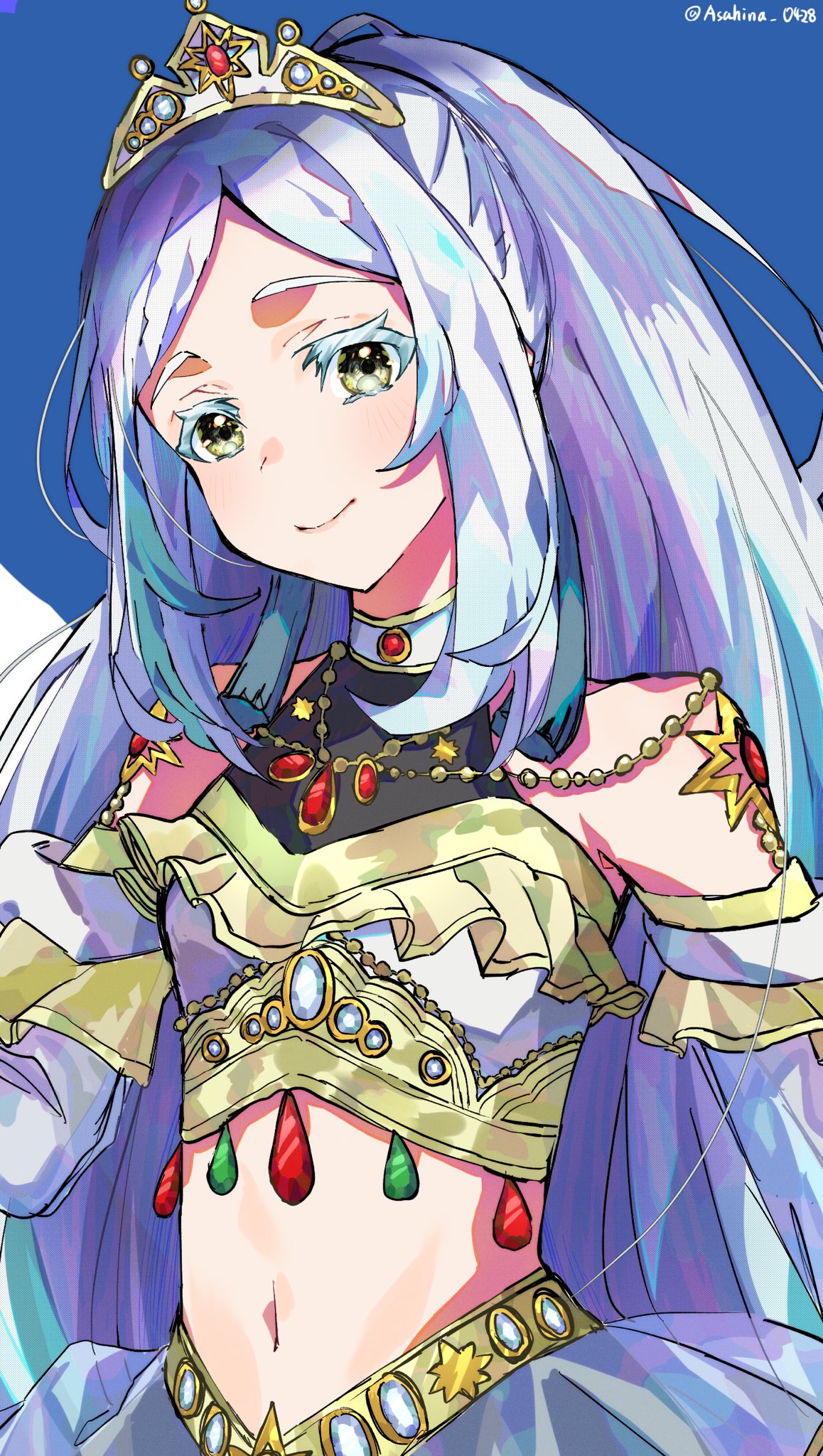 1girl asahina_(asahina_0428) blue_background blue_hair closed_mouth cowboy_shot crop_top dancer gem gold_trim green_gemstone highres long_hair looking_at_viewer mika_pikazo_(style) multicolored_hair navel pretty_series red_gemstone ryuume_(pretty_series) smile solo standing swept_bangs tiara very_long_hair waccha_primagi! white_hair