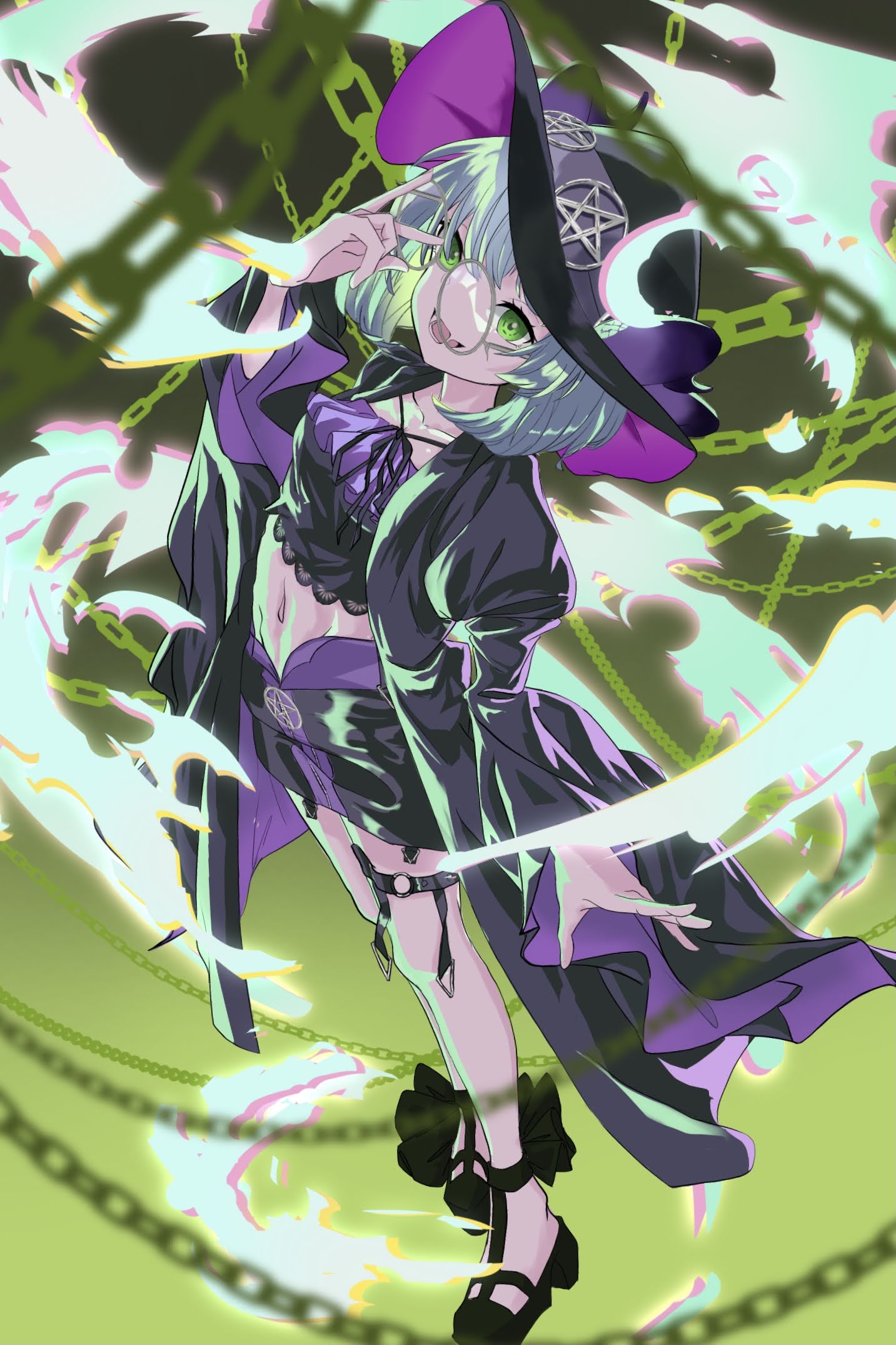 1girl apricot_the_lich apricot_the_lich_(froot_2.0) black_coat black_footwear black_shirt black_shorts breasts coat demon_girl demon_horns fangs green_eyes green_hair highres horns keren_illust looking_at_viewer medium_breasts multicolored_hair navel o-ring o-ring_thigh_strap open_mouth purple_coat shirt shorts skin_fangs smile streaked_hair thigh_strap two-sided_coat two-sided_fabric virtual_youtuber vshojo