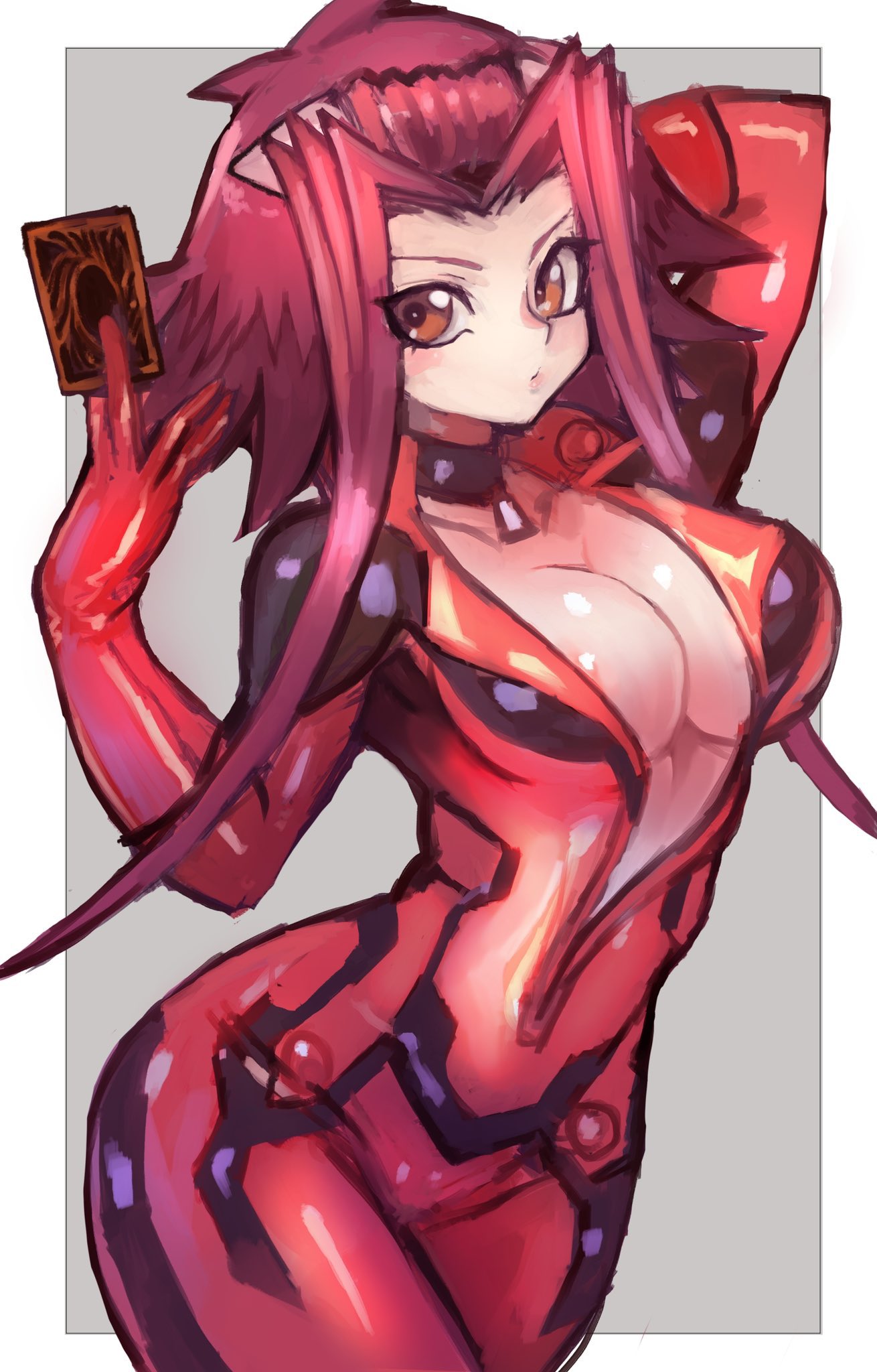 1girl bodysuit breasts brown_eyes card cleavage dakusuta gloves highres izayoi_aki large_breasts official_alternate_costume pilot_suit red_bodysuit red_hair solo two-tone_background yu-gi-oh! yu-gi-oh!_5d's