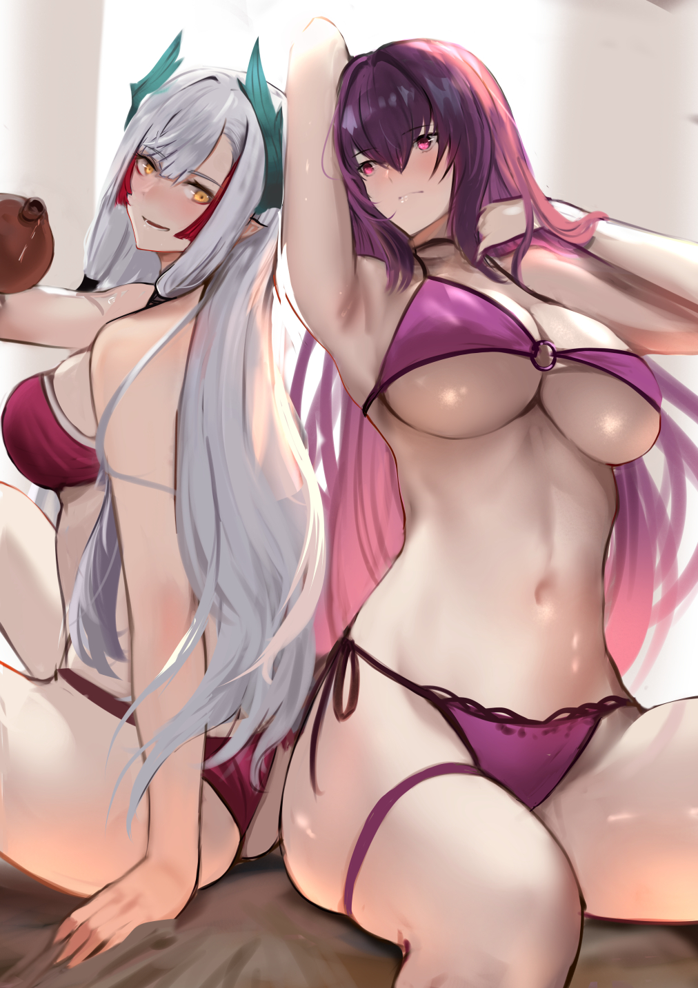 2girls arm_up ass bare_shoulders bikini blush breasts choker cleavage collarbone fate/grand_order fate_(series) gourd highres horns jikihatiman kiichi_hougen_(fate) large_breasts long_hair looking_at_viewer multiple_girls navel orange_eyes pointy_ears purple_bikini purple_hair red_bikini red_eyes scathach_(fate) sidelocks sitting swimsuit tassel thighs white_hair