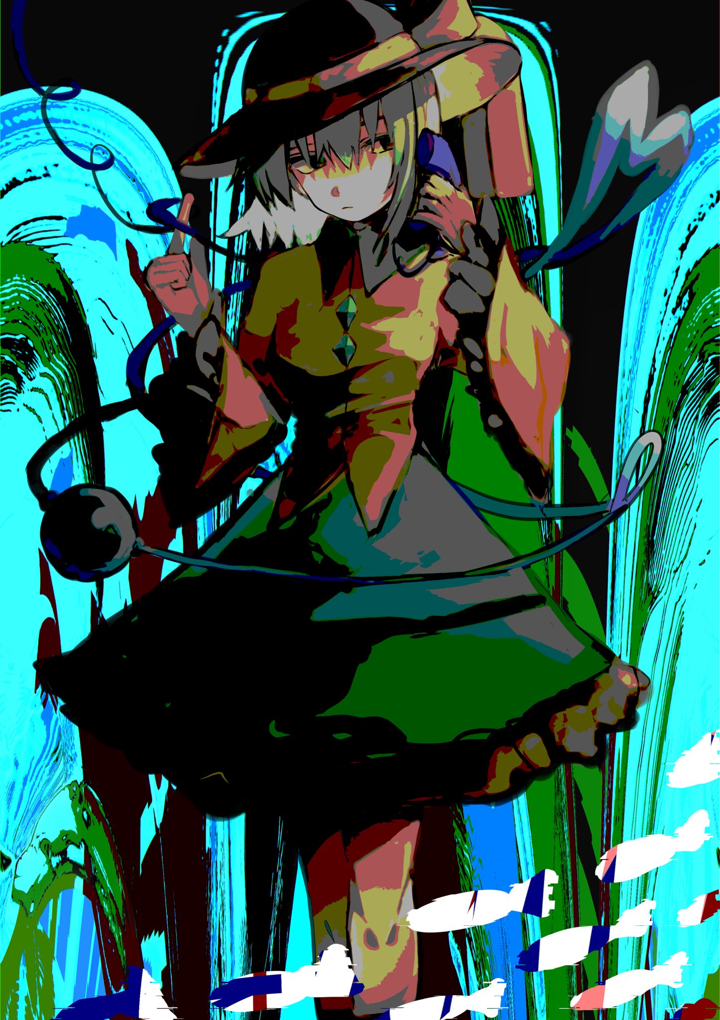 1girl abstract_background black_background black_eyes black_hat blue_background bow buttons closed_mouth collared_shirt commentary_request diamond_button expressionless eyeball feet_out_of_frame frilled_sleeves frills fushida green_skirt grey_hair hair_between_eyes hat hat_bow heart heart_of_string highres holding holding_phone index_finger_raised koishi_day komeiji_koishi long_bangs long_sleeves looking_to_the_side one-hour_drawing_challenge phone shirt short_hair skirt solo standing third_eye touhou wide_sleeves yellow_bow yellow_shirt