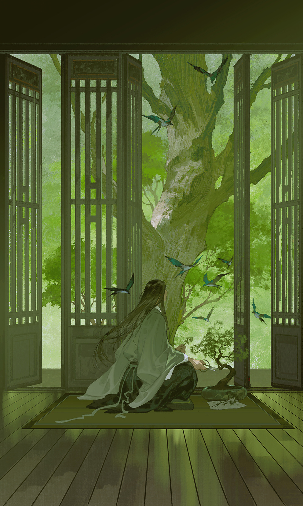 1boy architecture bird black_hair black_pants bonsai branch chinese_clothes day east_asian_architecture facing_away full_body green_theme highres holding holding_branch holding_scissors ibuki_satsuki indian_style indoors long_hair long_sleeves looking_at_animal male_focus open_door original pants plant potted_plant profile robe rug scissors sitting smile solo swallow_(bird) tree veranda white_robe wide_sleeves wooden_floor