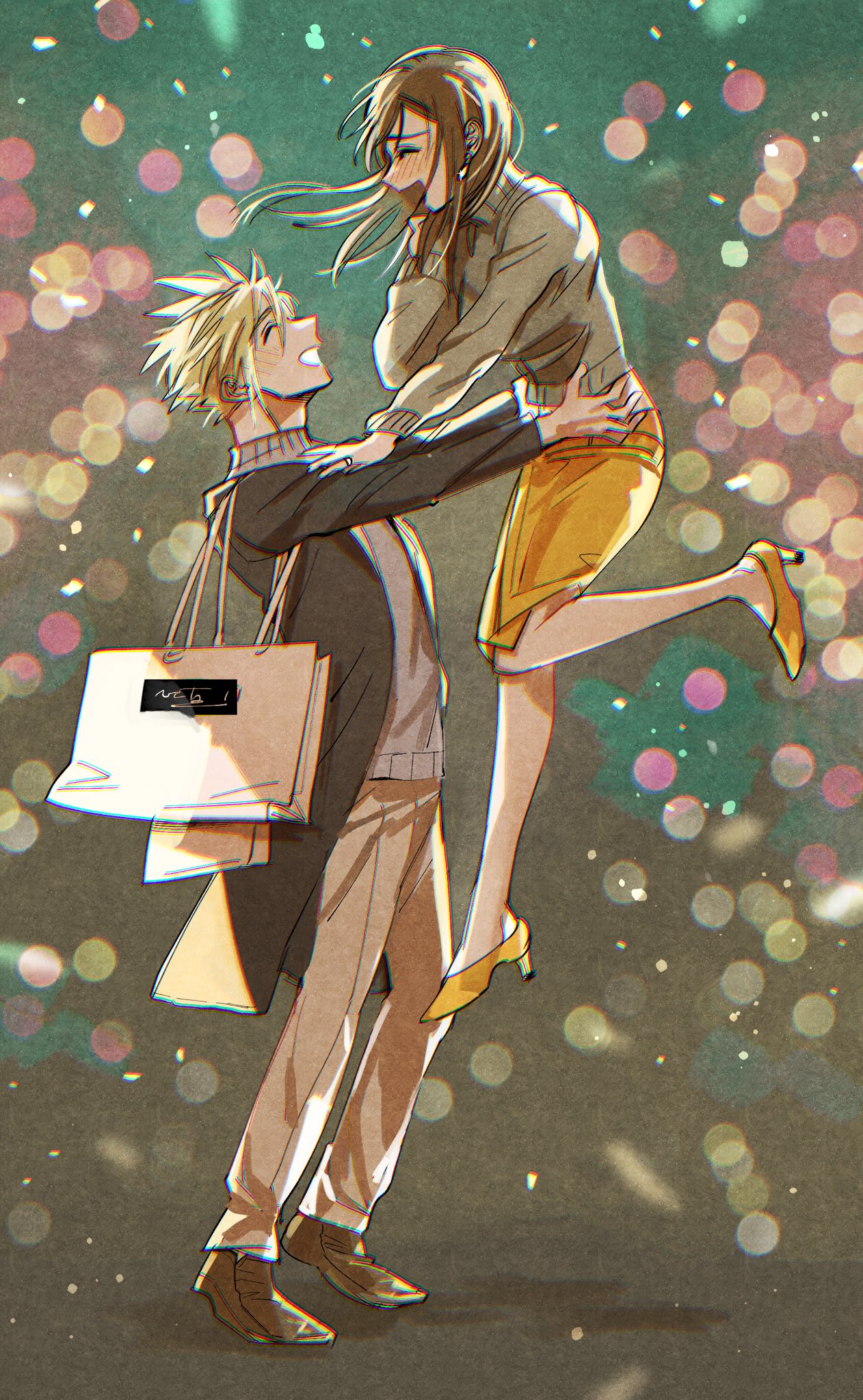 1boy 1girl alternate_costume bag black_coat black_hair blonde_hair blush brown_footwear brown_hair casual city_lights closed_eyes cloud_strife coat commentary_request couple earrings facing_another final_fantasy final_fantasy_vii final_fantasy_vii_remake from_side full_body grey_sweater happy high_heels highres jewelry lifting_person long_hair long_sleeves mrg2by open_clothes open_coat open_mouth outdoors ring shoes shopping_bag short_hair single_earring skirt smile spiked_hair standing sweater tifa_lockhart turtleneck turtleneck_sweater yellow_footwear yellow_skirt
