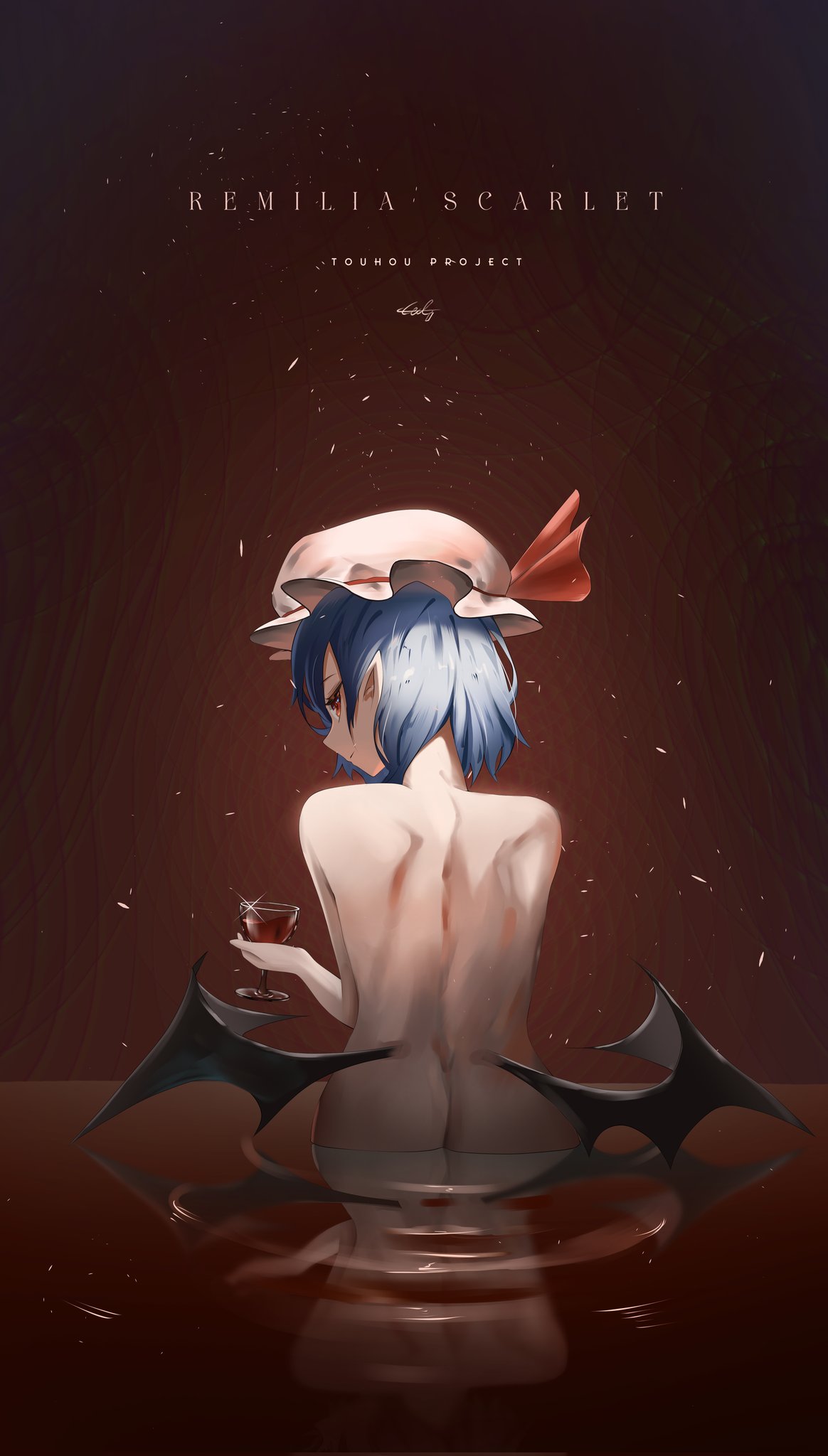 1girl alcohol ass bare_back bat_wings blue_hair character_name closed_mouth commentary completely_nude copyright_name cowboy_shot cup drinking_glass from_behind glint hand_up hat hat_ribbon highres holding holding_cup looking_at_viewer looking_back mob_cap movie_poster nude pink_hat pointy_ears profile red_eyes red_ribbon reflection reflective_water remilia_scarlet ribbon ripples short_hair sideways_glance signature simple_background solo touhou vampire vignetting wading water wine wine_glass wings ycl_090