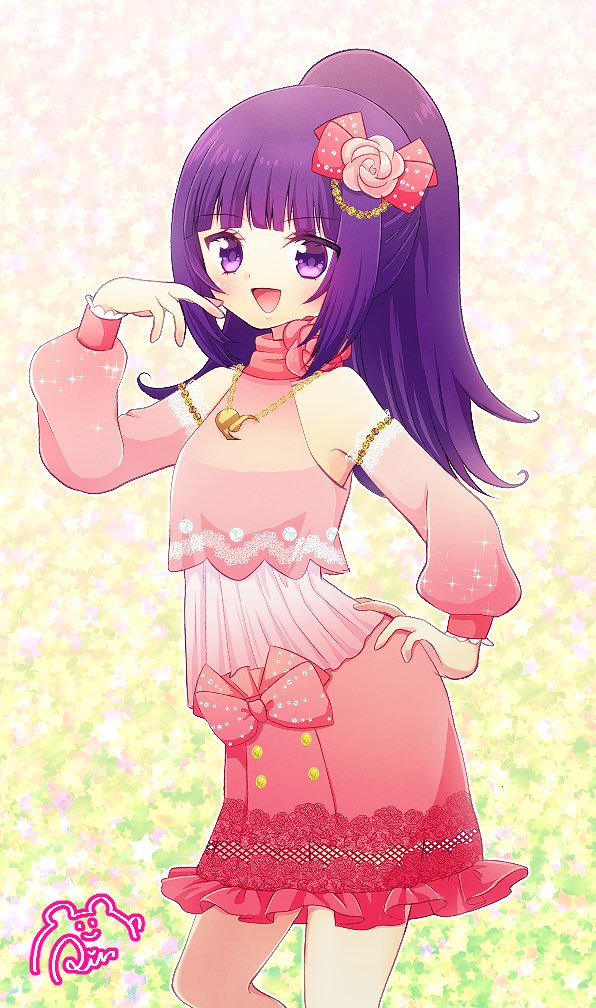 1girl :d bare_shoulders blunt_bangs bow cowboy_shot detached_sleeves flower hair_bow hair_flower hair_ornament hanazono_shuka hand_on_own_hip hand_up idol_clothes idol_time_pripara jewelry long_hair looking_at_viewer necklace open_mouth pink_bow pink_flower pink_rose pink_shirt pink_skirt ponytail pretty_series pripara purple_eyes purple_hair rin_(ikura_meshi) rose shirt signature skirt smile solo standing