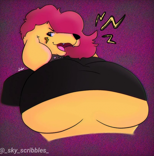 alternative_fashion anthro bird_dog breasts canid canine canis domestic_dog exposed_breasts female golden_retriever hair hunting_dog lightning_bolt mammal overweight pink_hair punk retriever rock_star sky_scribbles slutty_clothing slutty_face solo