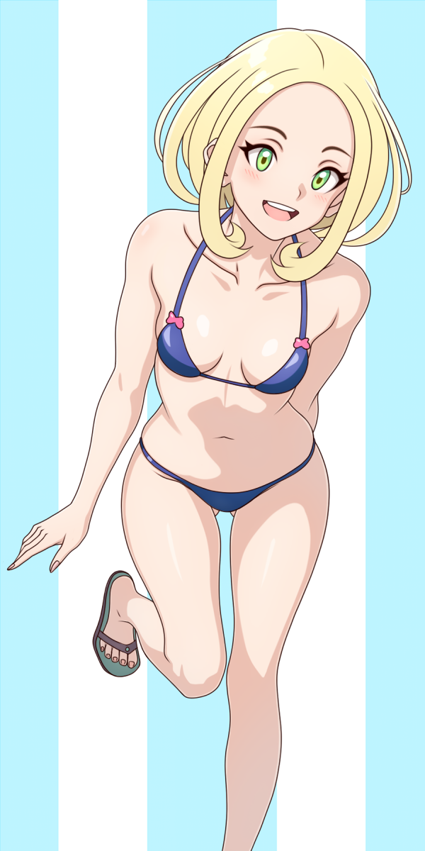 1girl :d alternate_costume asairosora bikini blonde_hair blush breasts collarbone commentary_request eyelashes green_eyes highres leg_up looking_down navel open_mouth pokemon pokemon_xy sandals smile solo swimsuit teeth toes upper_teeth_only viola_(pokemon)