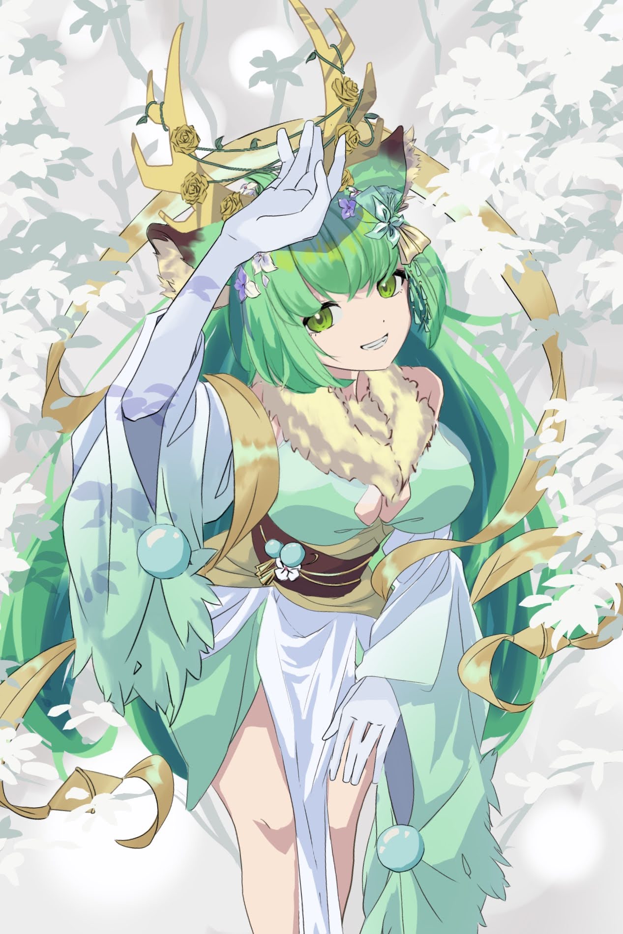 1girl animal_ear_fluff animal_ears antlers breasts cleavage cleavage_cutout clothing_cutout commentary deer_ears dress elbow_gloves from_above fur-trimmed_dress fur_trim gloves green_dress green_eyes green_hair grin haruka_karibu highres horns jewelry keren_illust large_breasts leaf long_hair looking_at_viewer reindeer_antlers reindeer_girl sleeveless sleeveless_dress smile solo standing very_long_hair virtual_youtuber vshojo white_gloves