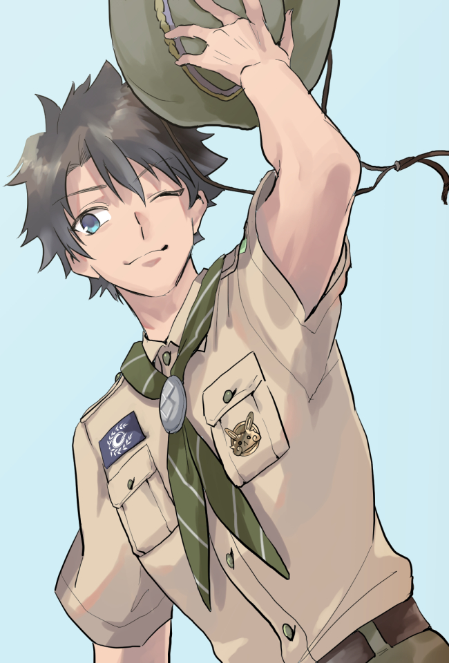 1boy black_hair blue_eyes boy_scout chaldea_logo fate/grand_order fate_(series) fujimaru_ritsuka_(male) fujimaru_ritsuka_(male)_(chaldea_pathfinder) green_neckerchief hat holding holding_clothes holding_hat metarogu neckerchief official_alternate_costume one_eye_closed scout_uniform shirt short_hair short_sleeves smile striped_neckerchief swimsuit