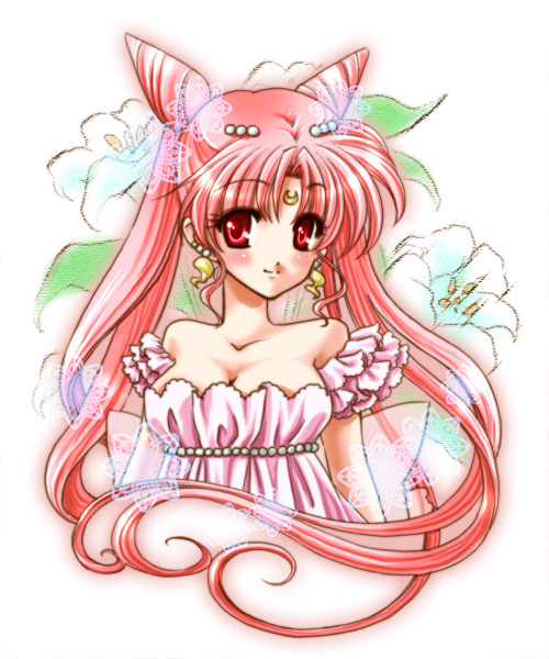 back_bow bare_shoulders bishoujo_senshi_sailor_moon bow breasts chibi_usa double_bun dress flower lily_(flower) long_hair medium_breasts older pink_hair princess red_eyes shirataki_kaiseki small_lady_serenity smile solo twintails