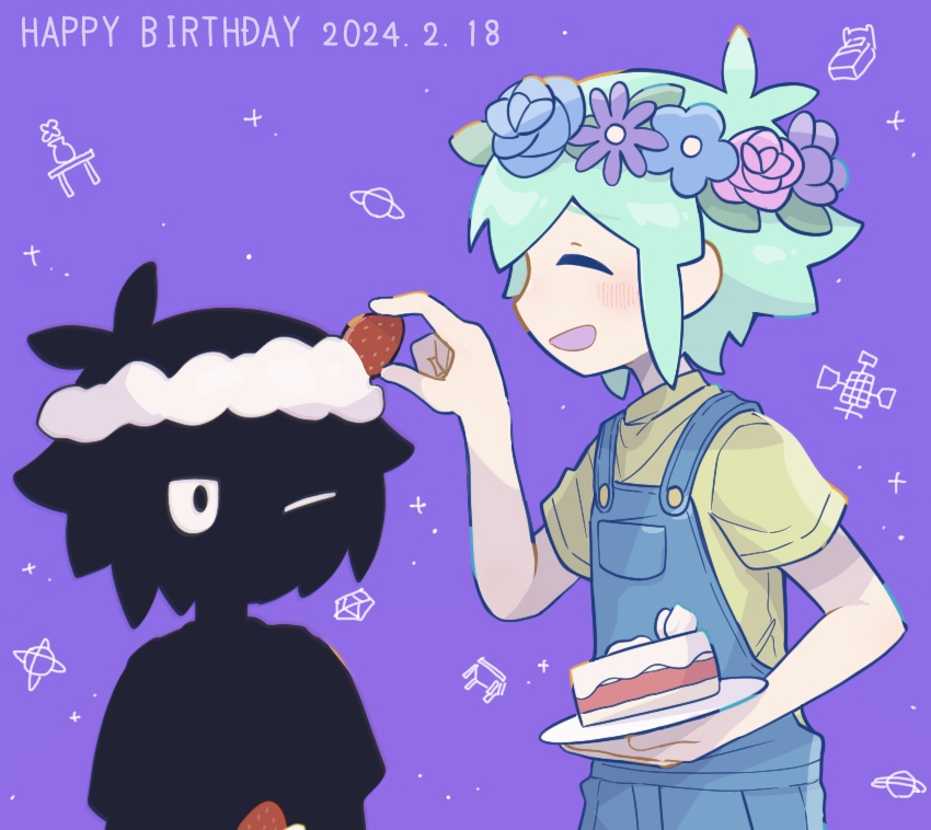 2boys basil_(headspace)_(omori) basil_(omori) blue_overalls cake cake_slice closed_eyes flower food fruit green_hair green_shirt head_wreath holding holding_food holding_plate multiple_boys omori one_eye_closed overalls plate shirt short_sleeves sr_ld_fr stranger_(omori) strawberry