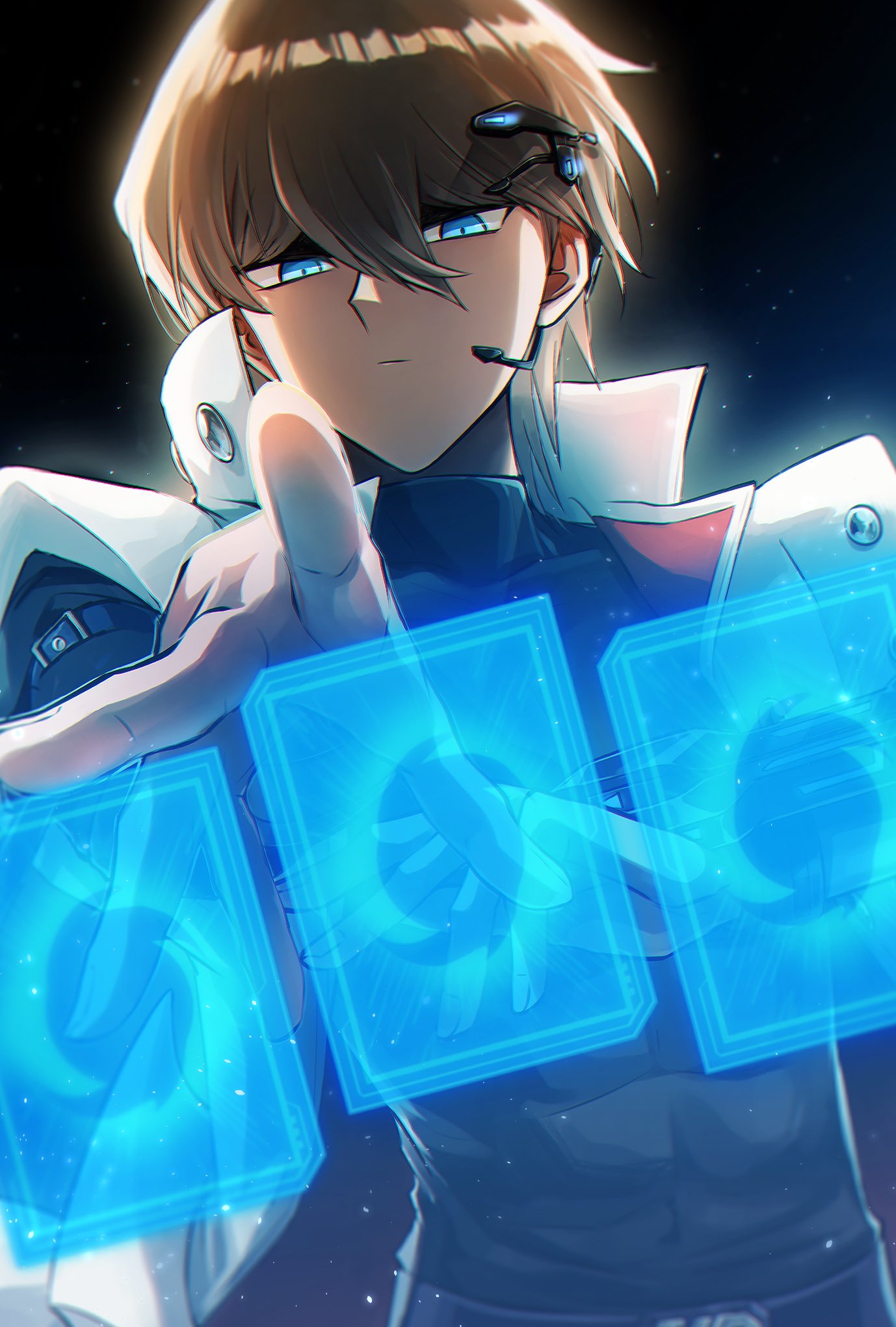 1boy backlighting black_shirt blue_eyes brown_hair card coat commentary_request dark_background hair_between_eyes high_collar highres kaiba_seto light_particles looking_at_object looking_at_viewer male_focus mouthpiece saito0614 shirt short_hair sleeveless sleeveless_coat solo toned toned_male turtleneck turtleneck_shirt upper_body white_coat yu-gi-oh! yu-gi-oh!_the_dark_side_of_dimensions