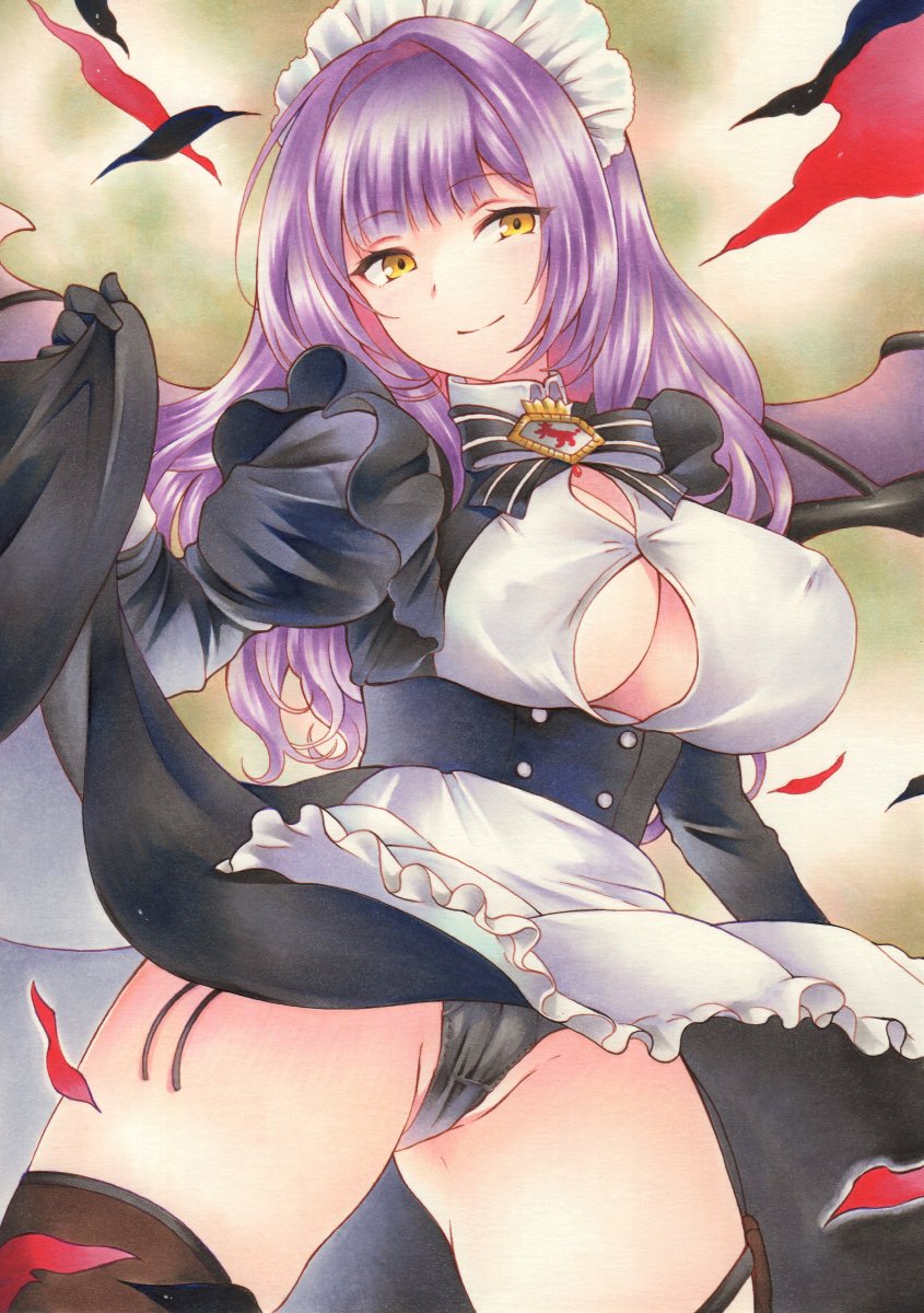 1girl apron ass_visible_through_thighs azur_lane black_bow black_bowtie black_gloves black_panties black_thighhighs bow bowtie breasts cleavage closed_mouth clothes_lift covered_nipples devonshire_(azur_lane) dress dress_lift emblem gloves groin hair_intakes hands_up highres large_breasts long_hair looking_at_viewer maid maid_headdress marker_(medium) panties purple_hair saya_pr side-tie_panties smile solo thighhighs traditional_media underwear waist_apron white_apron yellow_eyes