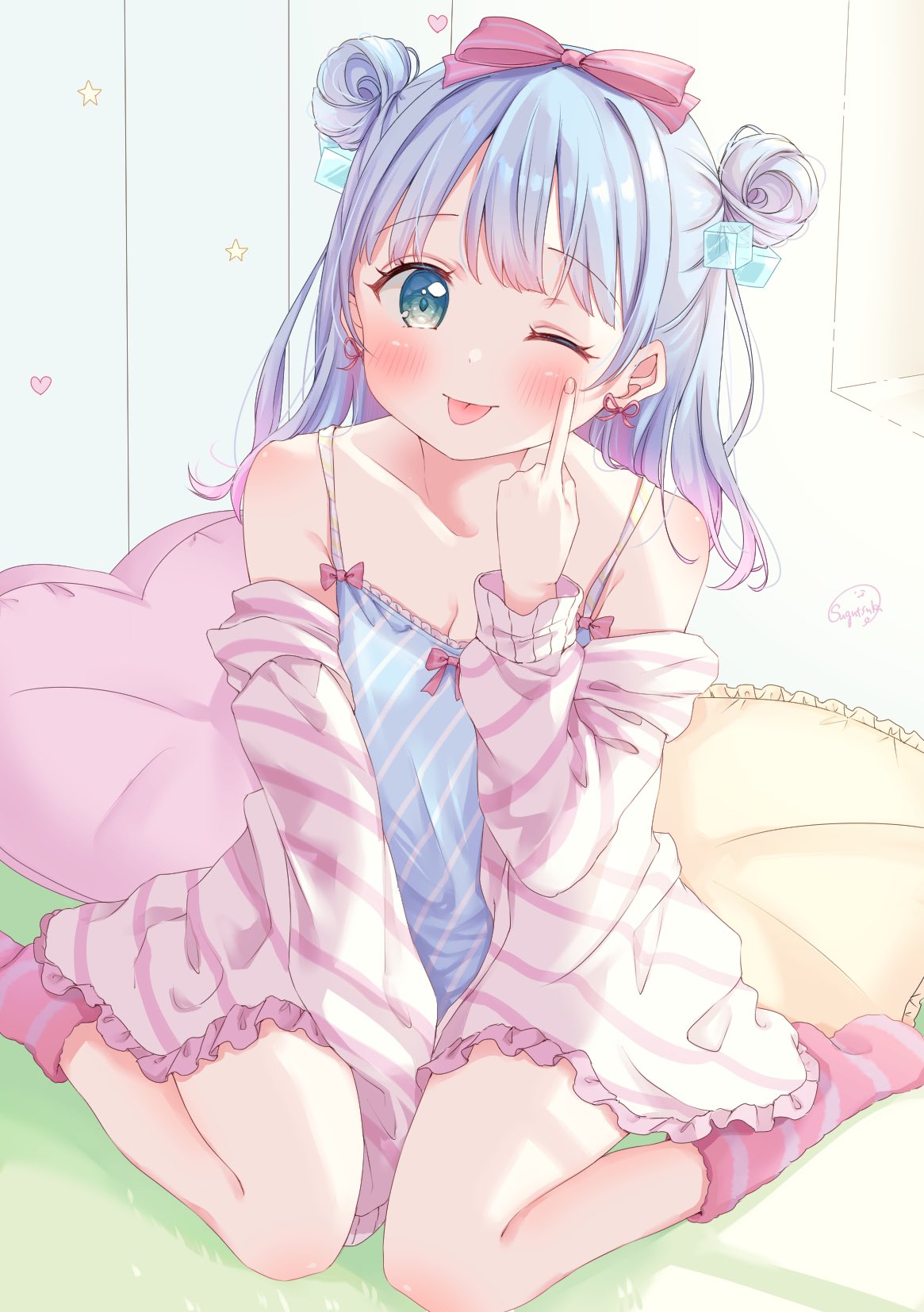 :p between_legs blue_eyes blue_hair blush bow bow_earrings bowtie breasts camisole cleavage collarbone cube_hair_ornament double_bun earrings finger_to_cheek frilled_jacket frills gradient_hair hair_bow hair_bun hair_ornament hand_between_legs heart_ornament highres jacket jewelry knee_blush looking_at_viewer multicolored_hair off_shoulder on_bed one_eye_closed open_clothes open_jacket original pillow pink_bow pink_bowtie shirt shoulder_blush sitting sleeves_past_wrists socks star_ornament striped_clothes striped_jacket striped_shirt striped_socks sugutsuka_rerun tongue tongue_out wariza