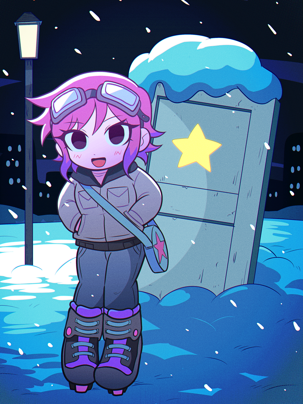 1girl :d bag black_eyes blush door g_tsurius goggles goggles_on_head hands_in_pockets highres inline_skates jacket lamp long_sleeves multicolored_hair night open_mouth pants pink_hair purple_hair ramona_flowers roller_skates scott_pilgrim_(series) shoulder_bag skates smile snow snowing solo star_(symbol) star_print two-tone_hair winter