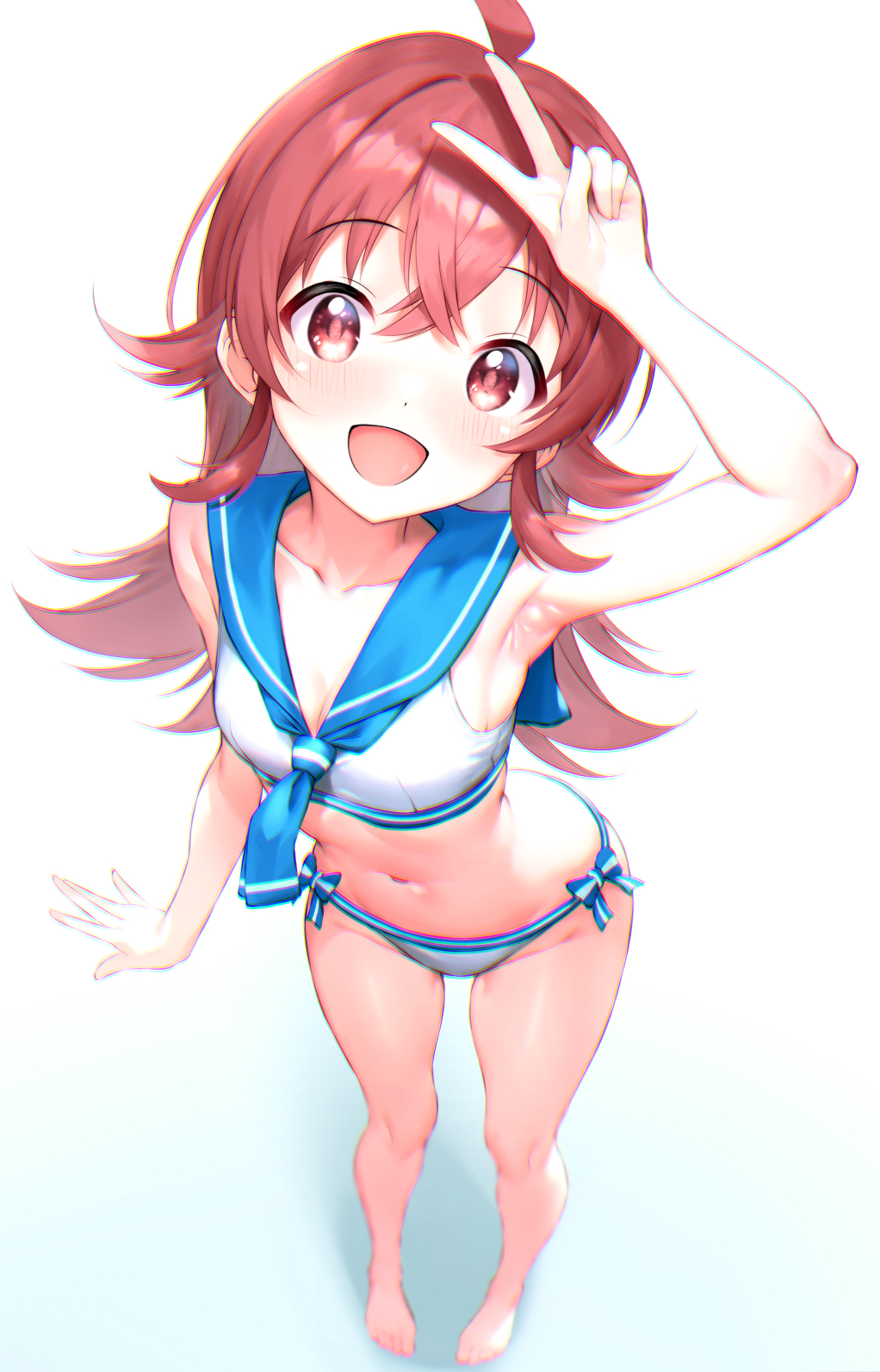 1girl ahoge alternate_costume arm_up armpits bare_back barefoot blush collarbone from_above full_body groin hair_flaps highres idolmaster idolmaster_shiny_colors komiya_kaho long_hair looking_at_viewer navel qianlou_(qianlou12374) red_eyes red_hair sailor_bikini sailor_collar sailor_swimsuit_(idolmaster) smile solo stomach toes v very_long_hair