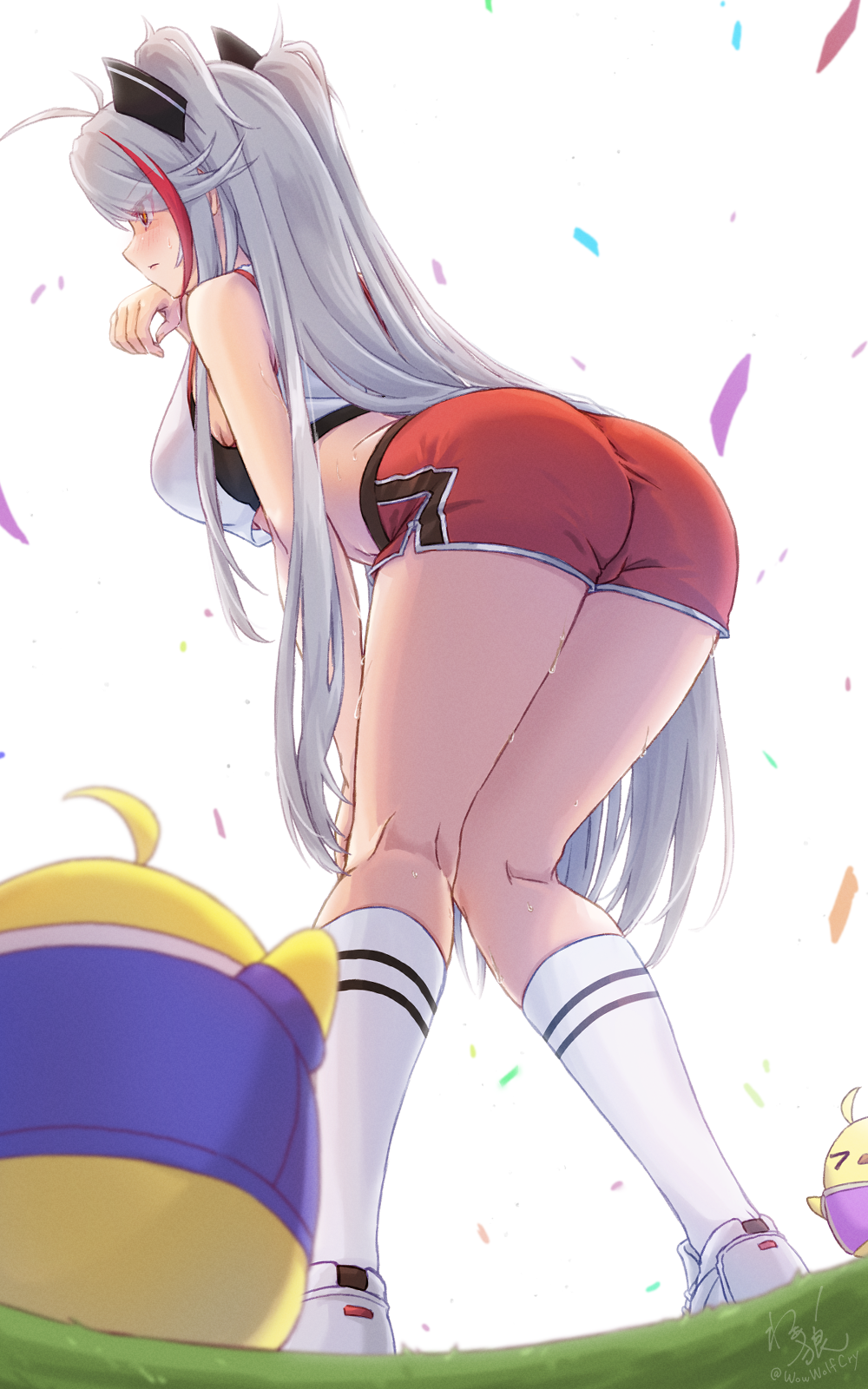 1girl ass azur_lane bare_shoulders bent_over blush commentary_request crop_top from_behind from_side full_body hand_on_own_face hand_on_own_knee hand_up highres kneehighs knees_together_feet_apart leaning_forward long_hair manjuu_(azur_lane) midriff multicolored_hair orange_eyes prinz_eugen_(azur_lane) red_hair red_shorts shirt short_shorts shorts sleeveless sleeveless_shirt socks solo standing streaked_hair thighs two-tone_hair very_long_hair waa!_okami white_hair white_shirt